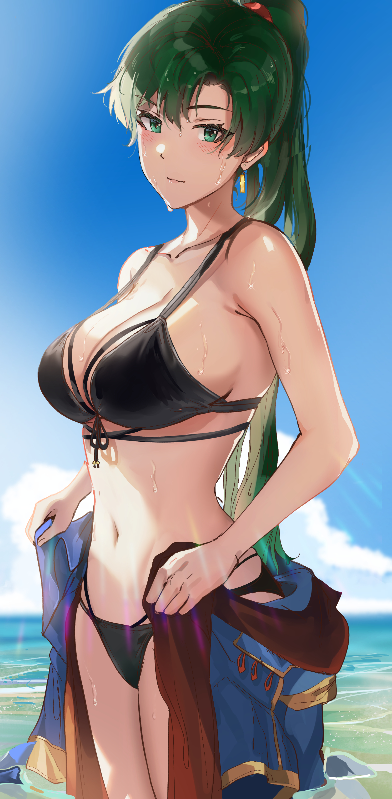1girls, absurdres, alternate costume, asymmetrical bangs, bangs, bare shoulders, beach, bikini, black bikini, black swimsuit, blush, breasts, cleavage, collarbone, commentary, earrings, female, fire emblem, fire emblem: the blazing blade, green eyes, green hair, high ponytail, highres, jewelry, large breasts, long hair, looking at viewer, lyn (fire emblem), lyndis (fire emblem), ocean, ormille, ponytail, sky, smile, solo, solo female, sweat, swimsuit, undressing, wet