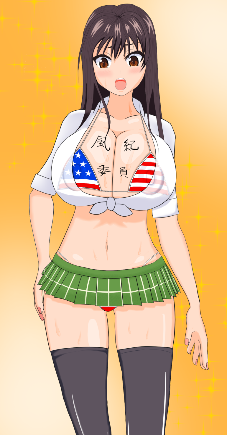 american_flag_bikini american_school bikini bikini_top black_hair body_writing bra_cups_sticking_out breasts cleavage front-tie_top hu_(artist) huge_breasts kotegawa_yui long_hair microskirt midriff miniskirt nipples_visible_through_clothing open_mouth school_uniform see-through skimpy_clothes skirt slutty_outfit surprised sweat swimsuit thighhighs thong tied_shirt to_love-ru yellow_eyes