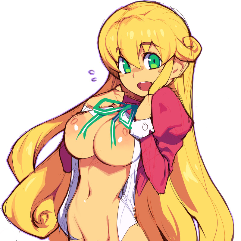 blonde hair, breasts, female, green eyes, hair between eyes, large breasts, long hair, looking at viewer, metata, navel, nipples, open clothes, open mouth, original, simple background, sketch, solo, white background