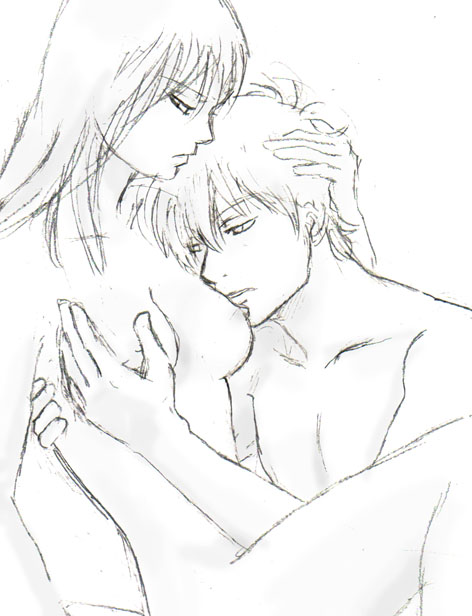 1boy 1girls breast_hold female gintama gintoki_sakata hair_down hand_on_another's_head head_on_chest kawauso male resting_on_partner sketch straight tsukuyo