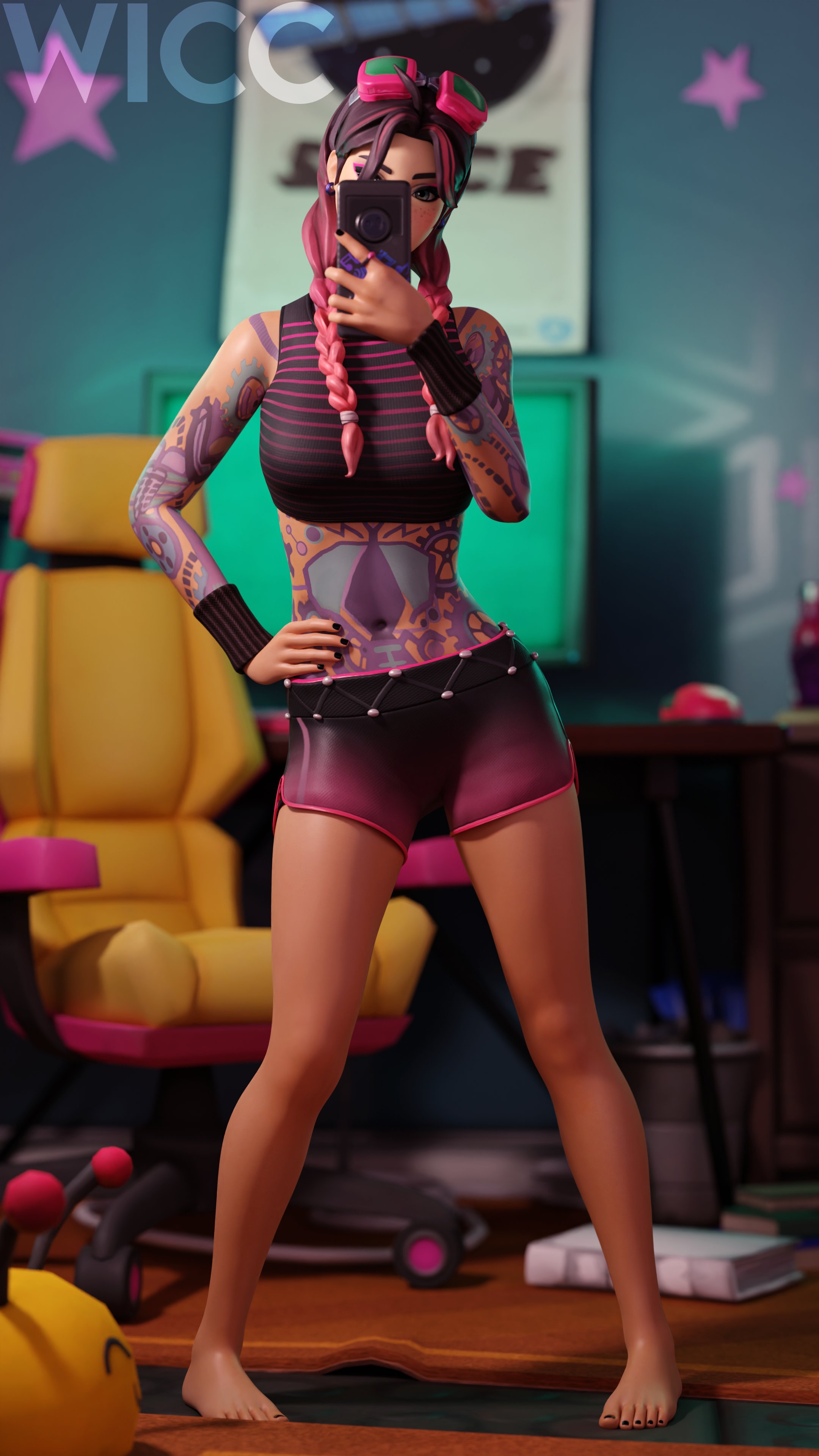 3d, beach jules, black nails, eyewear on head, female, fingernails, fortnite, jules (fortnite), nail polish, phone, selfie, shorts, tattoos, tattoos everywhere, toenail polish, toenails, topwear, wicc26