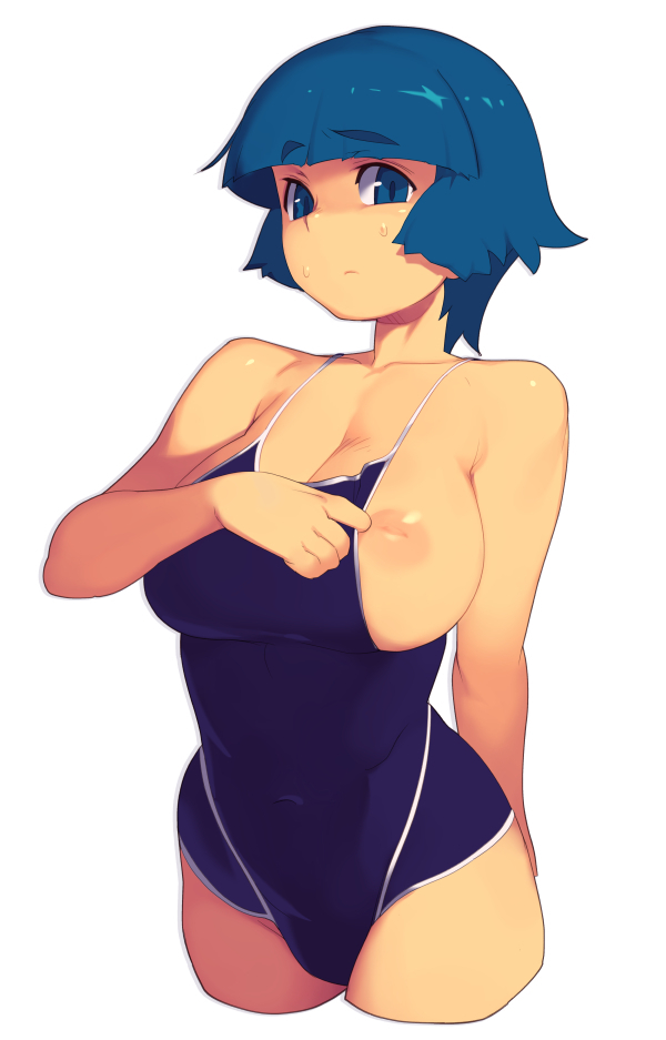 adjusting_clothes adjusting_swimsuit aqua_hair arm_behind_back bangs blue_eyes blue_hair blunt_bangs blush breasts clothes_pull collarbone covered_navel cropped_legs female inverted_nipples large_breasts metata nipple_slip nipples one-piece_swimsuit original short_hair simple_background solo sweat swimsuit swimsuit_pull white_background