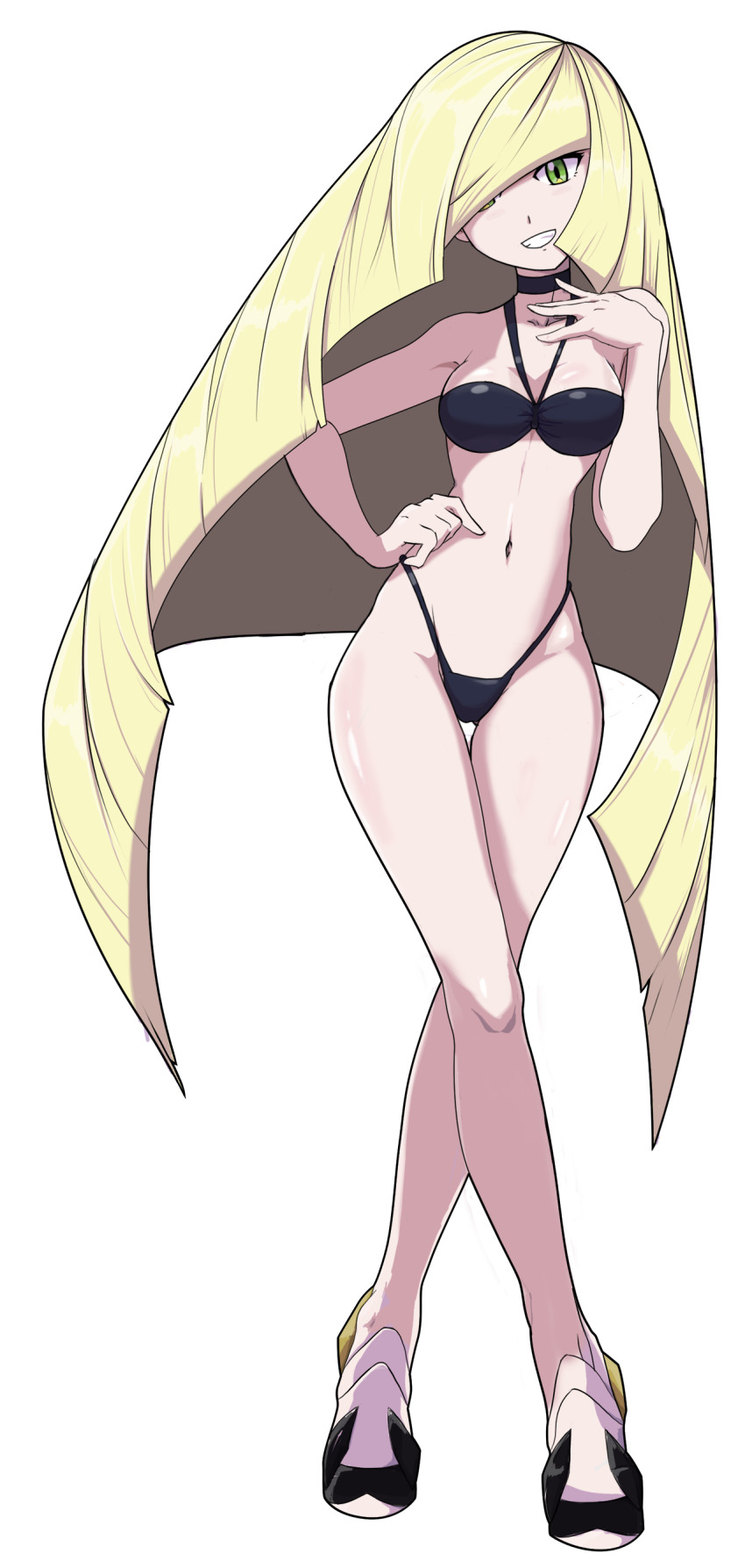 1girls, absurdres, aether foundation, alternate costume, art, bangs, bare arms, belly, bikini, black bikini, black choker, blonde hair, breasts, choker, cleavage, commentary, curvy, curvy female, curvy figure, english commentary, female, female only, full body, green eyes, grin, hair over one eye, hand on hip, hand up, high heels, highres, horny female, knees, legs crossed, long blonde hair, long hair, looking at viewer, lusamine (pokemon), milf, mother, navel, nintendo, oni-san, pokemon, pokemon sm, shiny, shiny skin, smile, solo, standing, swimsuit, tall female, tall woman, thick thighs, thigh gap, very long hair, white background, white footwear, wide hips