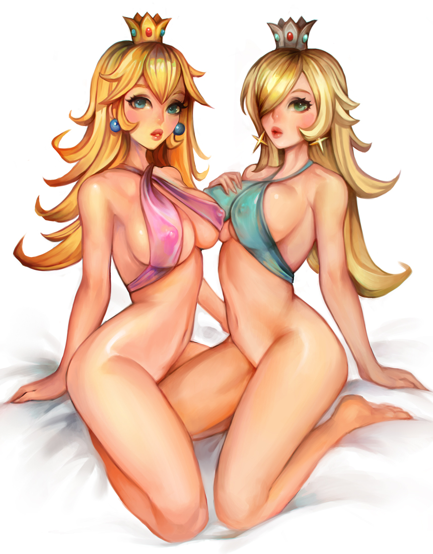 2girls arm_support armpits bed_sheet blonde_female blonde_hair blue_eyes blush bocas_top bottomless breast_press breasts cleavage crown earrings feet female female_only full_body hair_between_eyes hair_over_one_eye kneeling leg_between_thighs long_hair looking_at_viewer mario_(series) multiple_girls nintendo nipple_bulge partially_clothed pose princess_peach princess_rosalina simple_background sitting underboob very_long_hair vlankt white_background