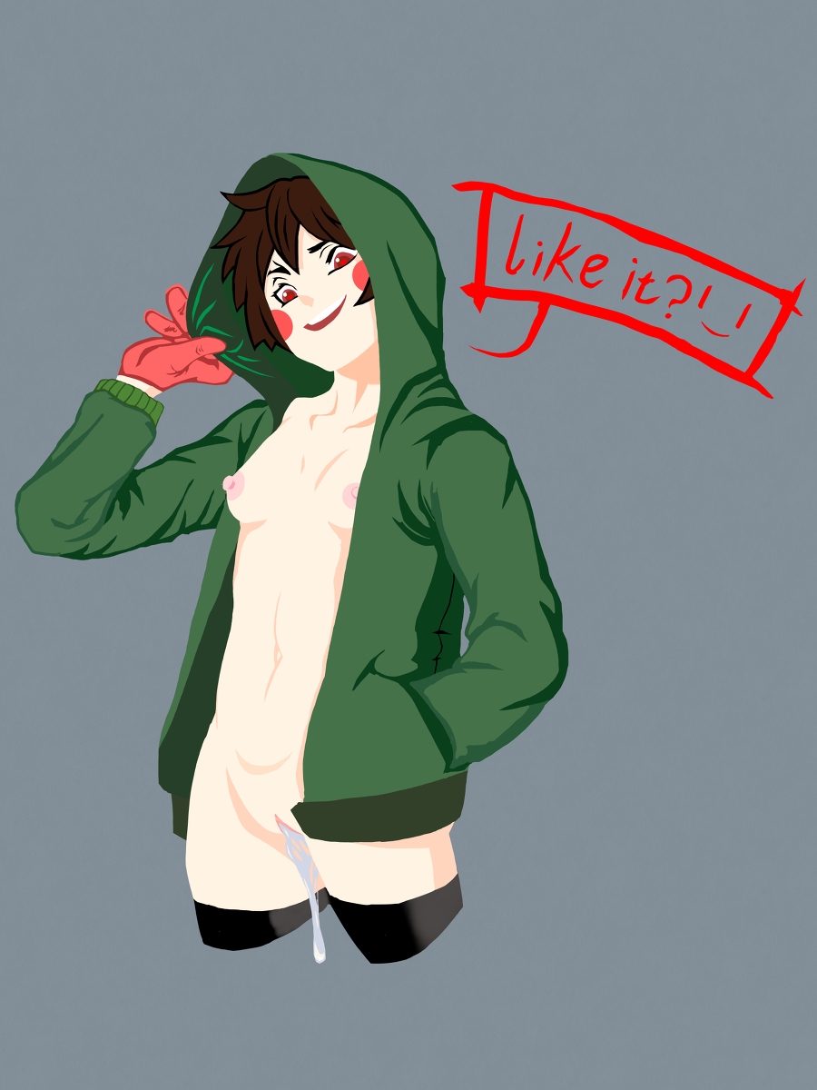 1girls breasts brown_hair chara english_text gloves green_hoodie leaking_cum nipples nude_female pussy red_eyes red_gloves small_breasts smile storyshift thighhighs undertale