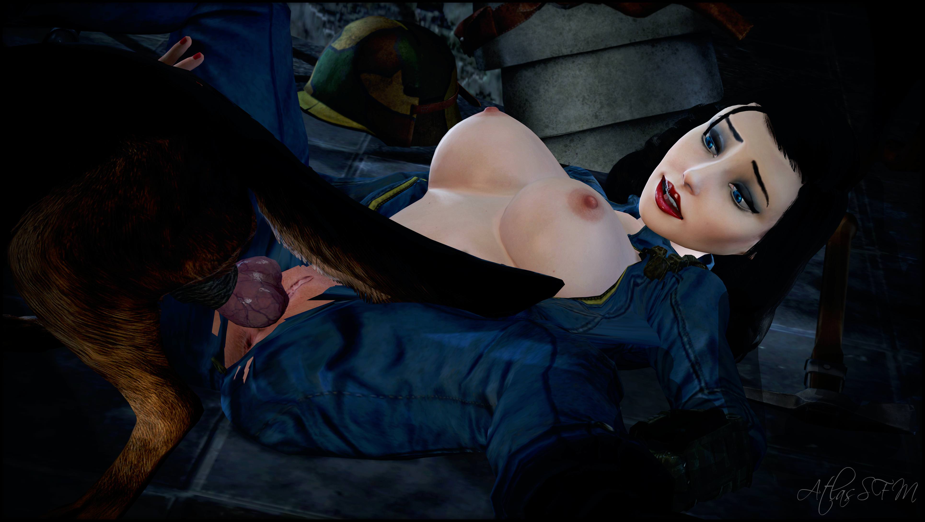 1girls, 2021, 3d, animal genitalia, atlassfm, bioshock, bioshock infinite, black hair, blue eyes, canine, clothing, crossover, elizabeth comstock, fallout, female, jumpsuit, knot, male, no source, penis, red lipstick, vault suit, zoophilia