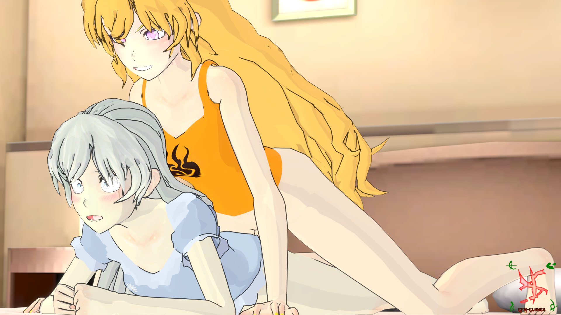 1futa, 2girls, 3d, clothing, eye scar, female, futanari, human, intersex, nightgown, partial nudity, partially clothed, partially nude, rwby, sfm, sfmslayer, taken from behind, weiss schnee, yang xiao long