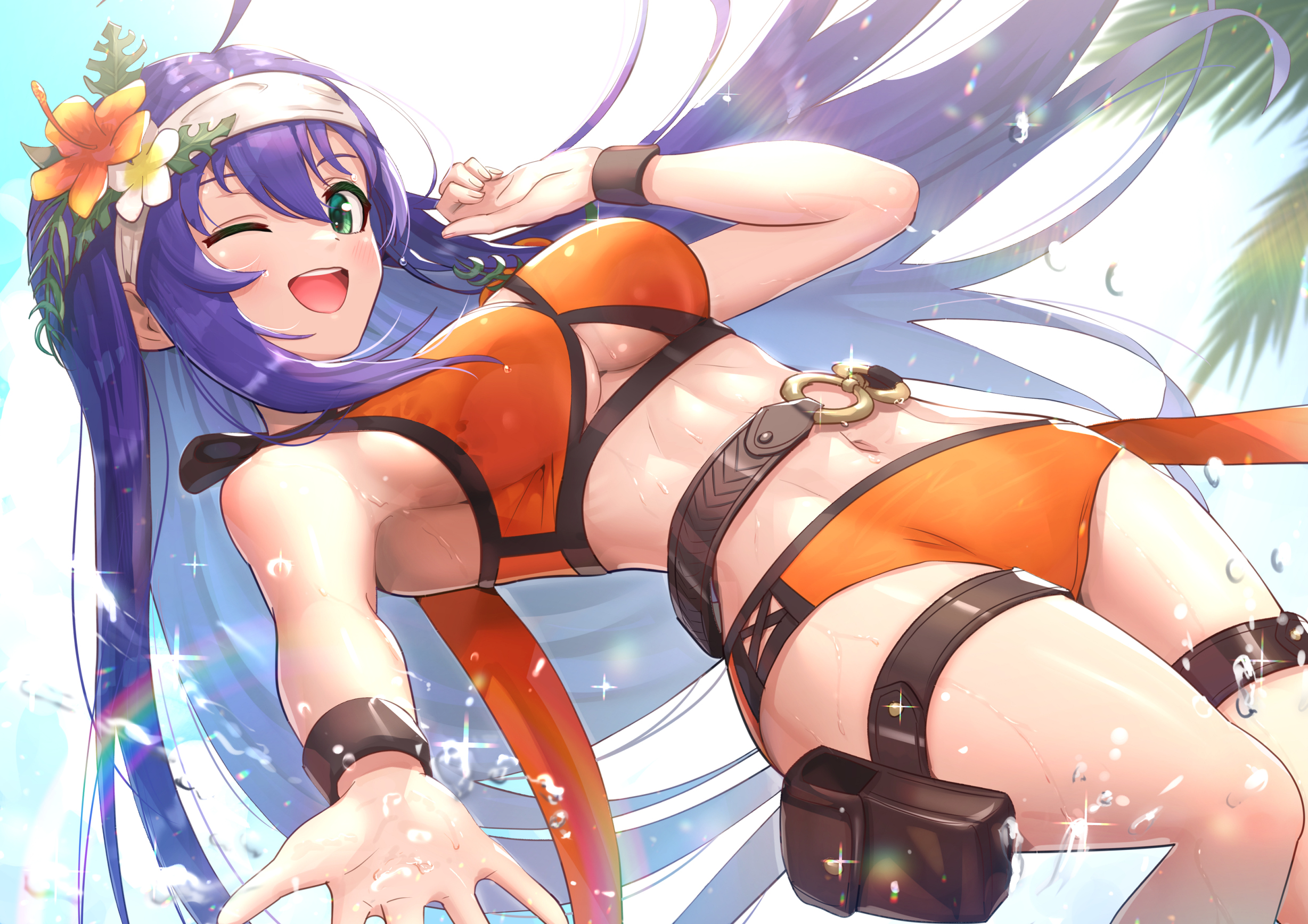;d, 1girls, ahoge, bare shoulders, belt, bikini, blush, breasts, clothing cutout, day, dutch angle, feet out of frame, female, fire emblem, fire emblem heroes, fire emblem: path of radiance, fire emblem: radiant dawn, flower, glint, gonzarez, green eyes, hair flower, hair ornament, hairband, hibiscus, highres, lens flare, long hair, looking at viewer, medium breasts, mia (fire emblem), navel, nintendo, one eye closed, open mouth, orange bikini, orange flower, outdoors, purple hair, smile, solo, solo female, splashing, standing, sunlight, swimsuit, thigh pouch, thigh strap, underboob, underboob cutout, very long hair, water, wet, white hairband, wristband
