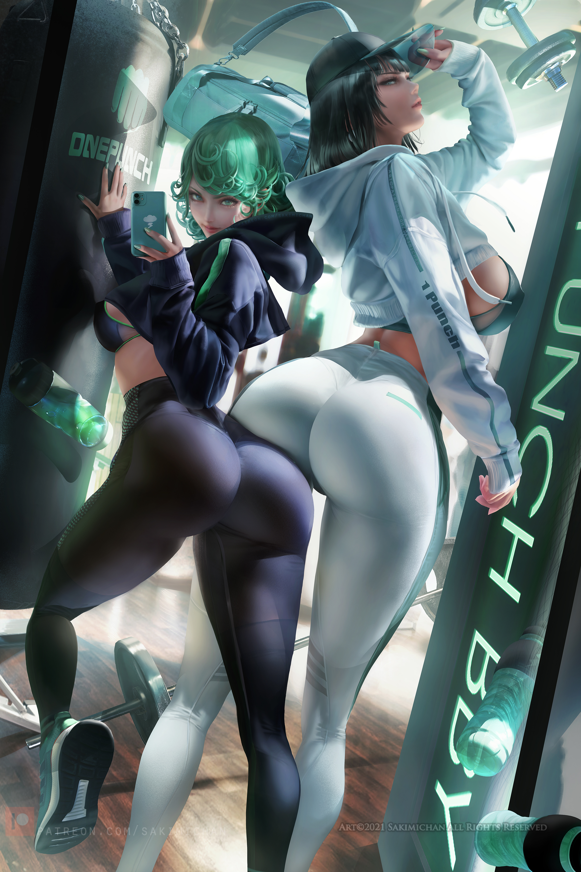 2girls, ass, big ass, big breasts, breasts, female, female only, fubuki (one-punch man), green hair, medium breasts, multiple females, multiple girls, one-punch man, phone, sakimichan, sports bra, tatsumaki, thick thighs, tight clothing, wide hips, yoga pants