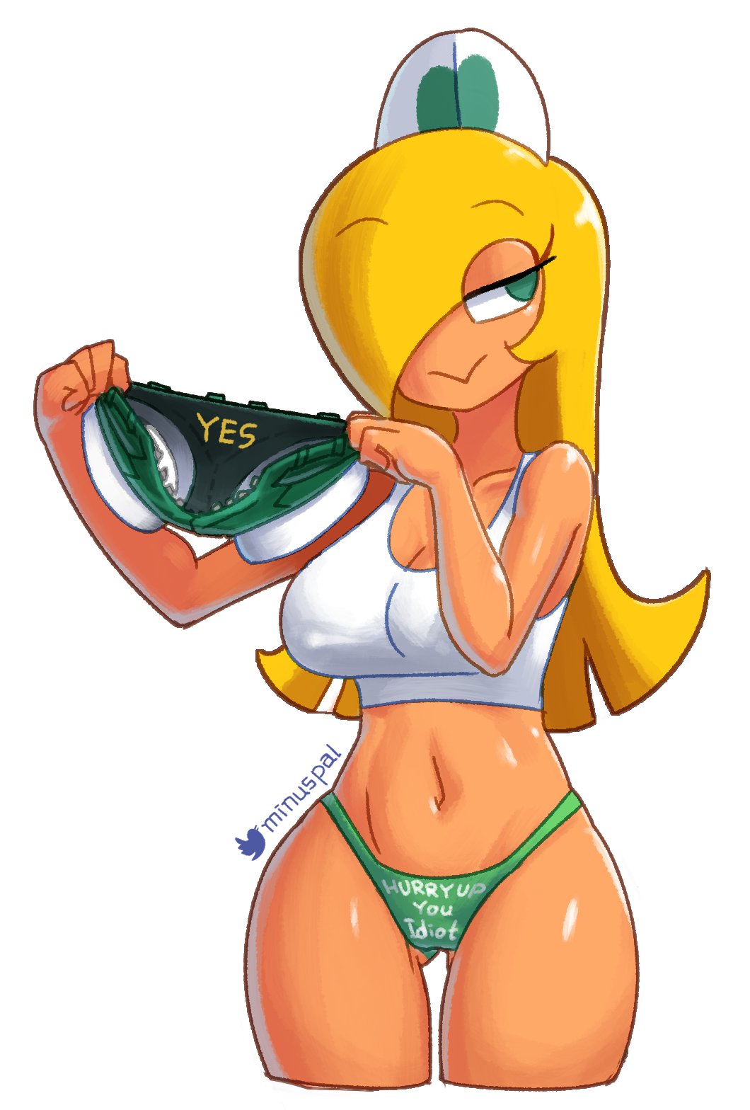 1girls bare_thighs blonde_hair breasts clothes_removed clothes_writing clothing english_text eyebrows_visible_through_hair female female_focus female_only green_eyes hair_over_one_eye highleg_panties holding_clothing hourglass_figure koopa koopa_girl large_breasts long_hair mario_(series) minus8 navel nintendo panties short_shorts shorts shorts_removed solo standing text text_on_panties thick_thighs thighs thong undressed white_background wide_hips