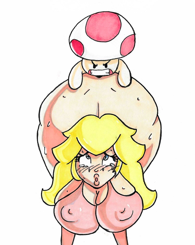 1boy, 1girls, all fours, alternate breast size, angry face, ass, big ass, big breasts, blush, breasts, brownpidgeon, doggy style, female, fucked from behind, huge breasts, larger female, male, mario (series), nintendo, princess peach, simple background, size difference, smaller male, tears, toad (mario), white background