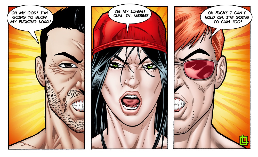 bandana black_hair brown_eyes clenched_teeth dirty_talk elektra_natchios female frank_castle glasses glasses_on_head green_eyes hair_between_eyes leandro_comics marvel marvel_comics matt_murdock narrowed_eyes red_hair scar screaming stubble