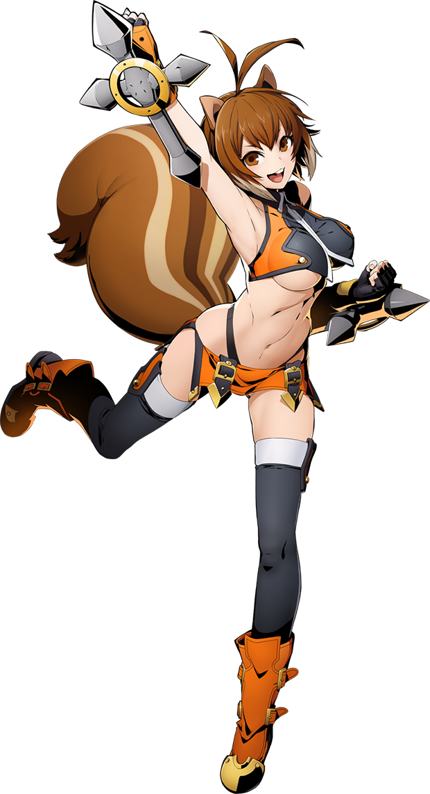 :3 :d ahoge animal_ears antenna_hair arm_up blazblue blazblue:_cross_tag_battle breasts brown_eyes brown_hair clenched_hands crop_top dual_wielding female full_body highleg highleg_panties higuchi_konomi holding large_breasts makoto_nanaya microskirt multicolored_hair navel official_art open_mouth orange_skirt panties revealing_clothes short_hair skirt smile solo squirrel_ears squirrel_girl squirrel_tail tail thighhighs tonfa transparent_background two-tone_hair underboob underwear weapon