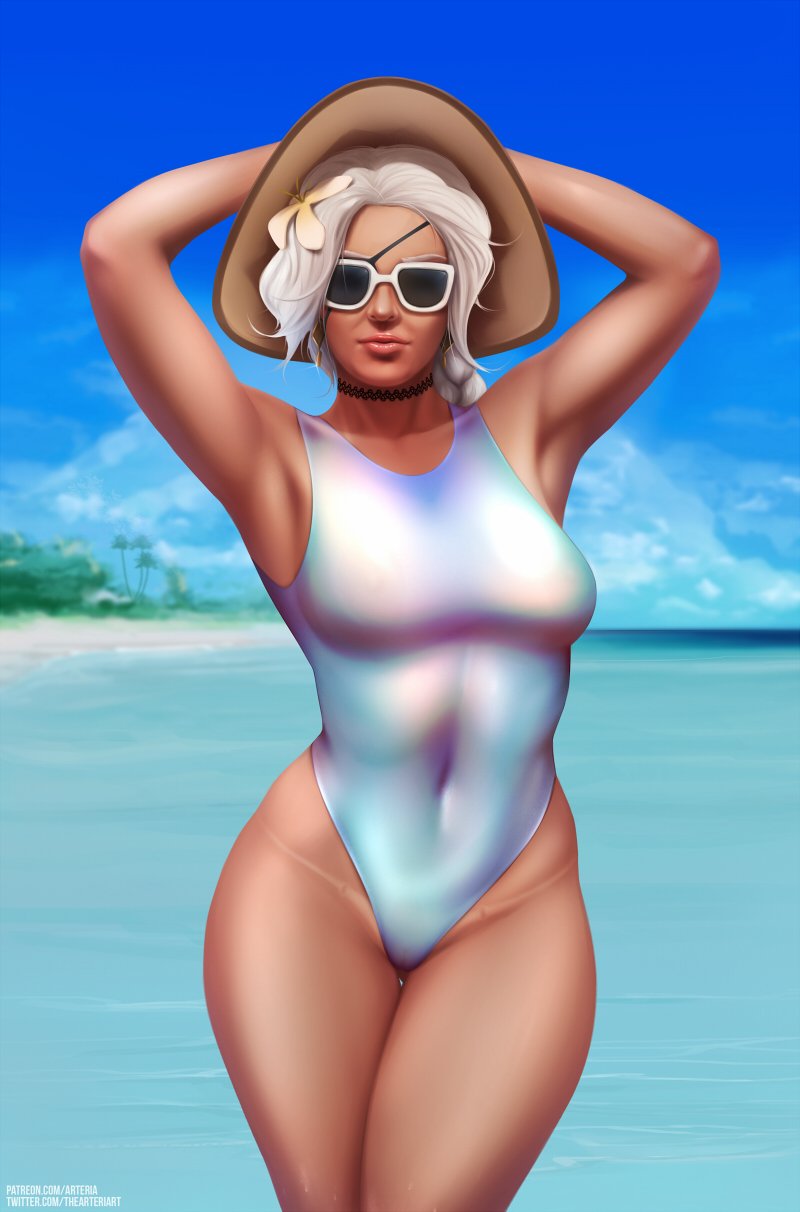 1girls 2d ana_amari big_breasts blizzard_entertainment breasts choker dark-skinned_female eyepatch female female_only gilf grey_hair hat milf old_ana_amari one-piece_swimsuit overwatch solo sunglasses tanline thearteriart_(artist) thick_thighs thighs tinted_eyewear