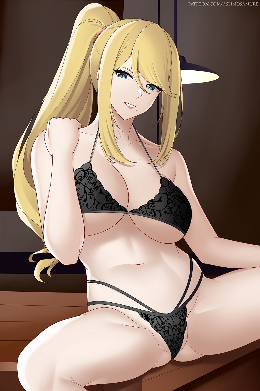 aslindsamure, beauty mark, big breasts, black lingerie, blonde hair, blue eyes, bra, breasts, cleavage, female, floral print, g-string, hand on shoulder, legs apart, lingerie, looking at viewer, metroid, ponytail, samus aran, smile, solo, solo female, solo focus, underboob