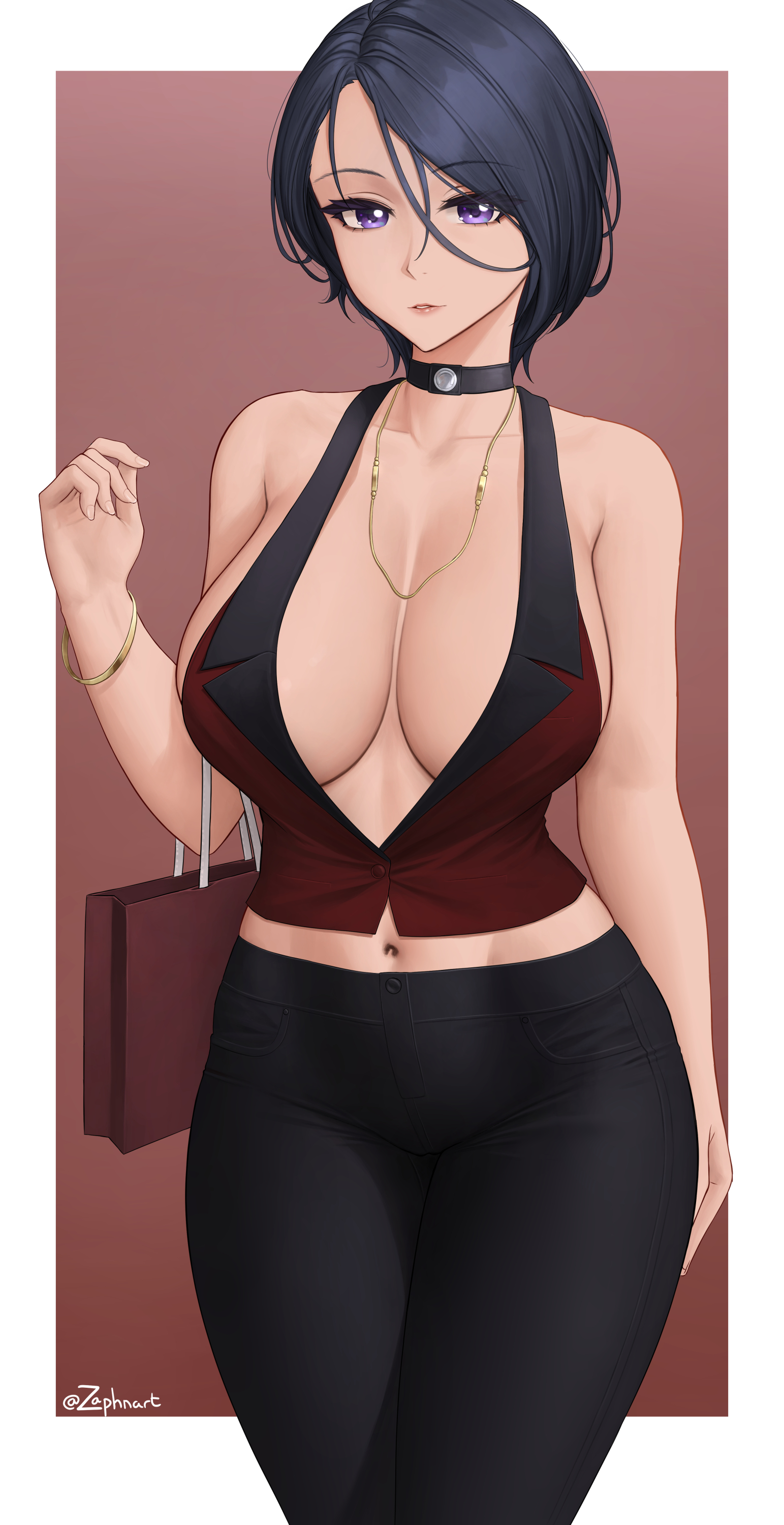 1girls, absurdres, bangs, bare shoulders, black hair, black pants, blush, bracelet, breasts, center opening, choker, cleavage, collarbone, collared shirt, female, female only, fire emblem, fire emblem: three houses, highres, jewelry, large breasts, looking at viewer, navel, necklace, nintendo, pants, purple eyes, shamir nevrand, shirt, short hair, sleeveless, sleeveless shirt, solo, thighs, zaphn