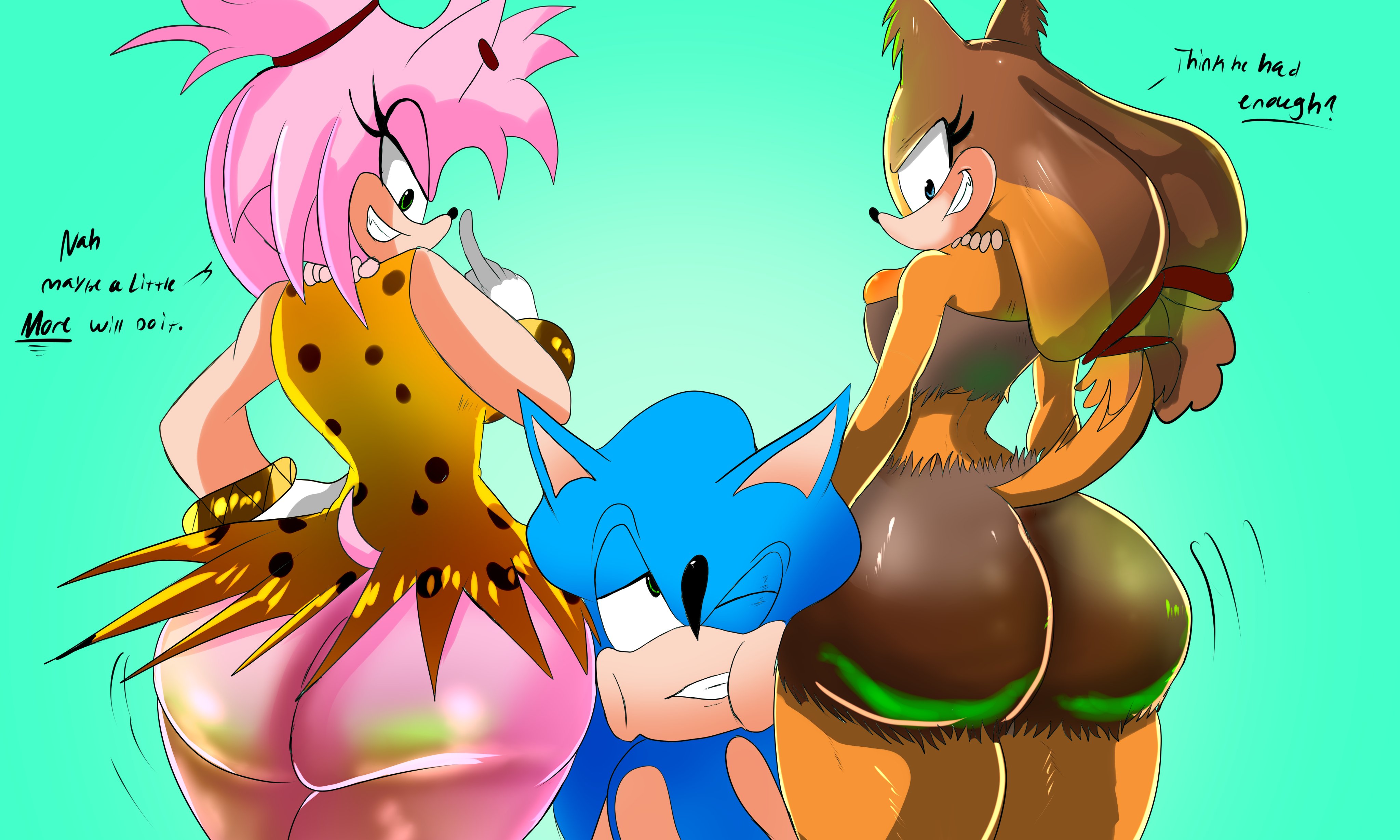 1boy, 2girls, amy rose, amy rose (boom), anthro, ass, big ass, big butt, cavewoman, female, furry, furry only, male, sonic (series), sonic boom, sonic prime, sonic the hedgehog, sonic the hedgehog (series), squish, sticks the badger, sticks the jungle badger, sticks the tejon, susknuckles, thorn rose, thorn rose (concept art)