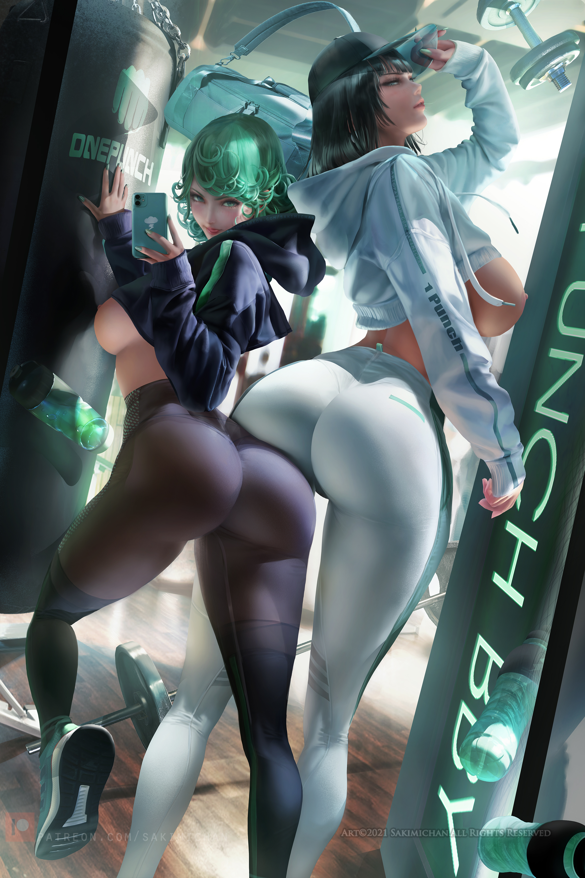 2girls, ass, big ass, big breasts, breasts, female, female only, fubuki (one-punch man), green hair, medium breasts, multiple females, multiple girls, one-punch man, phone, sakimichan, tatsumaki, thick thighs, wide hips, workout clothes