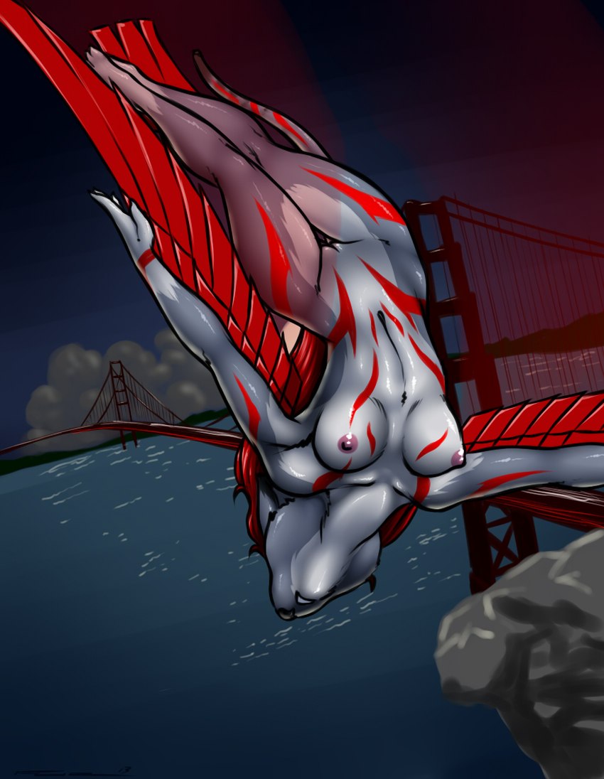 2013 anthro biped breasts bridge cloud digital_media_(artwork) domestic_cat feathered_wings feathers felid feline felis female flying furball_(artist) genitals glistening mammal nipples nude pussy san_francisco scarlett_(furball) sea solo water wings