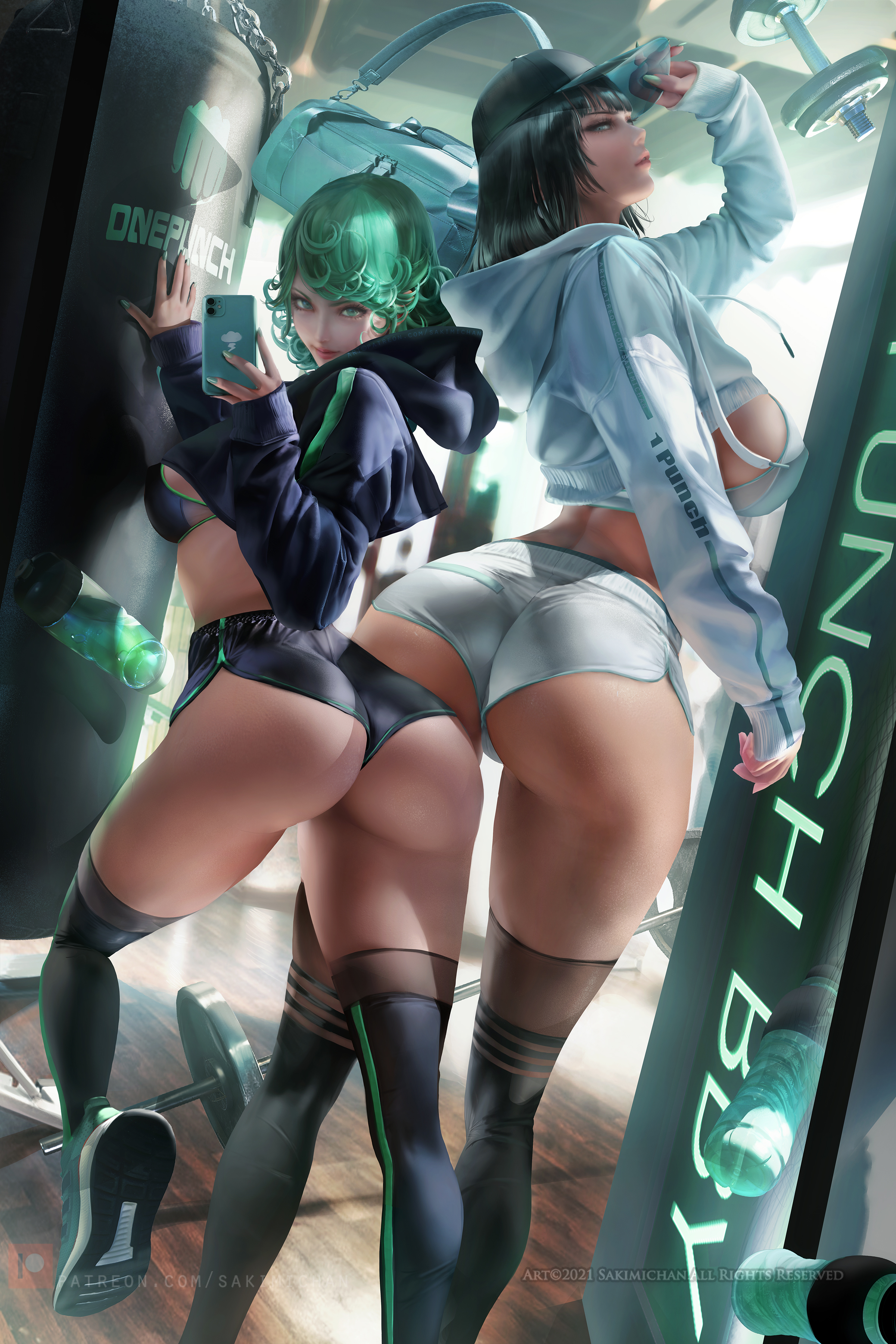 2girls, ass, big ass, big breasts, booty shorts, breasts, female, female only, fubuki (one-punch man), green hair, medium breasts, multiple females, multiple girls, one-punch man, phone, sakimichan, sports bra, tatsumaki, thick thighs, tight clothing, wide hips