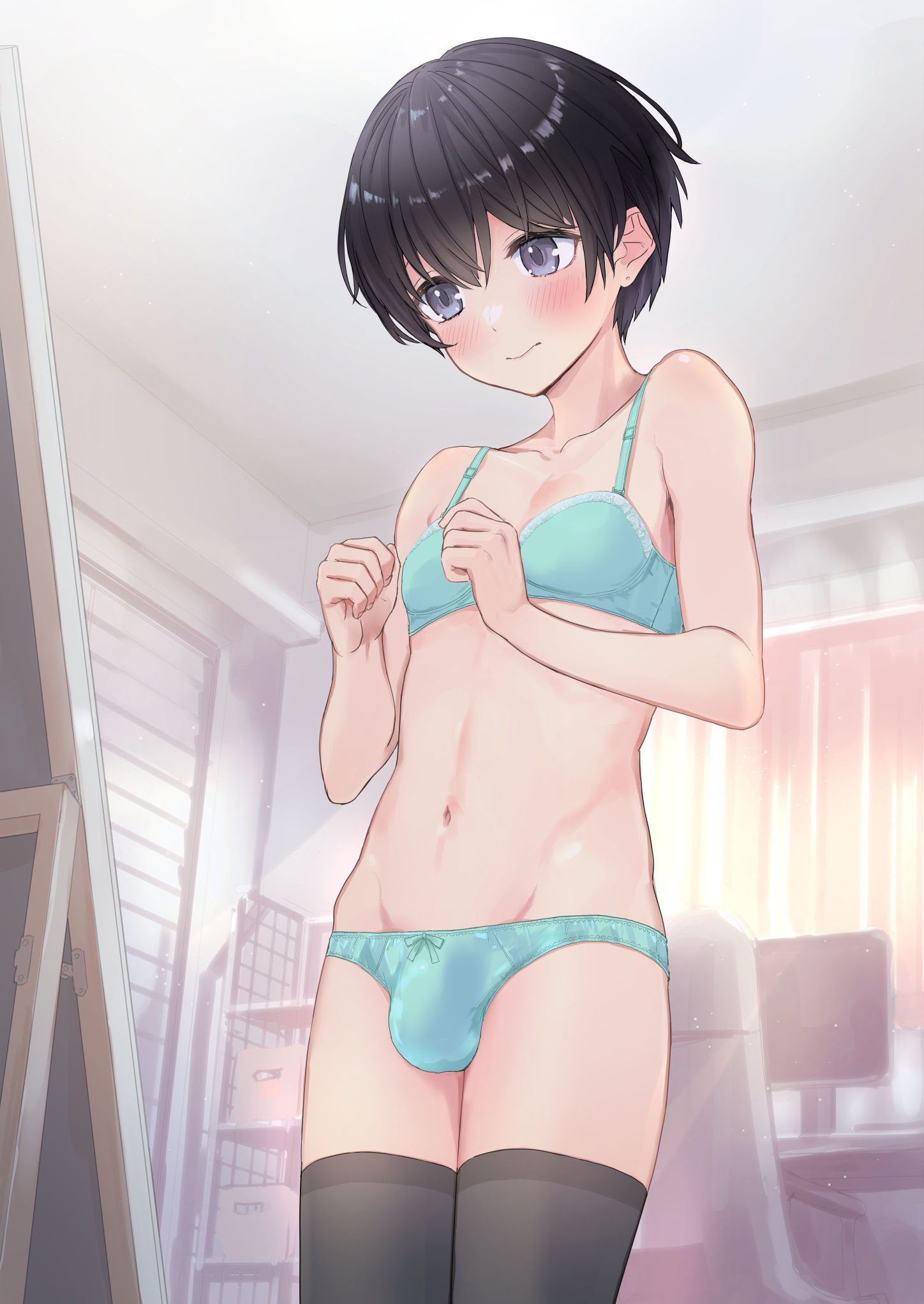 1boy, bow panties, femboy, male, male only, onomi9ta, penis, penis under clothes, solo, trap