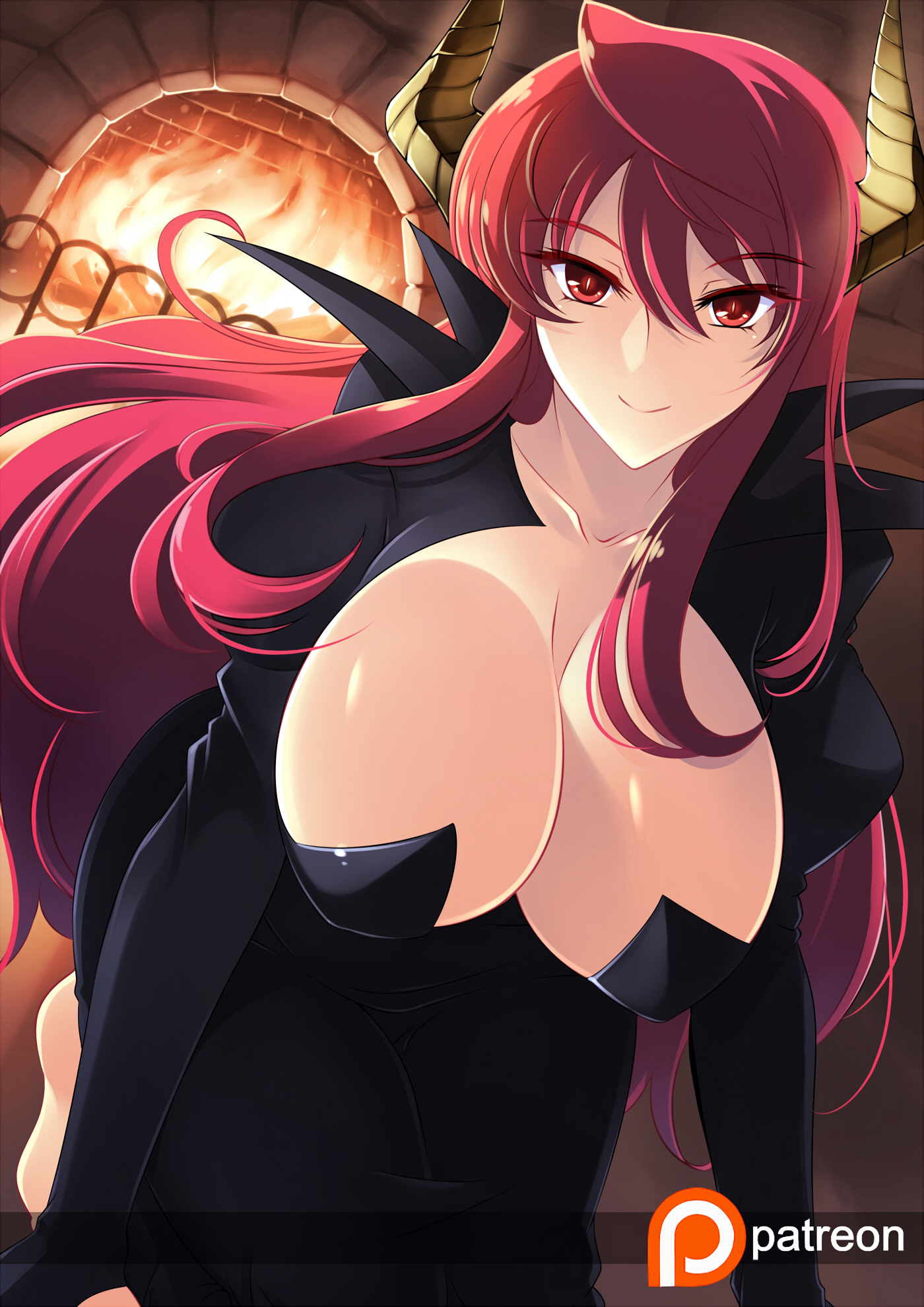 big breasts, breasts, cleavage, demon, demon girl, dress, female, haganef, highres, horn, long hair, looking at viewer, maou (maoyuu), maoyuu maou yuusha, monster girl, navel, patreon, red eyes, red hair, smiling, thick thighs, voluptuous, wide hips
