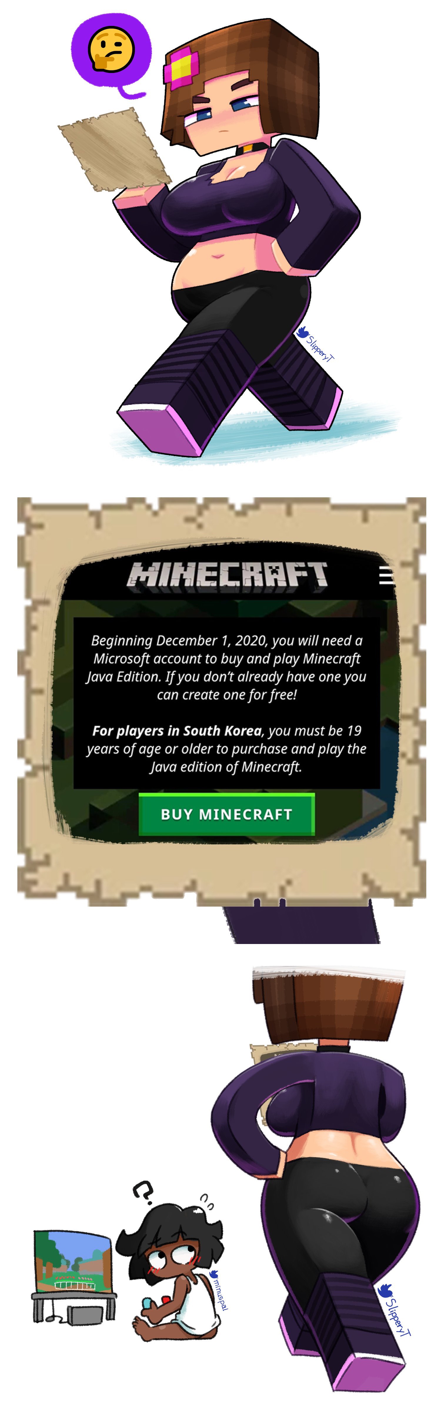 ass, big ass, big breasts, breasts, brown hair, choker, cleavage, crop top, female, horny female, human female, humanoid, jenny belle (slipperyt), male, minecraft, minus8, minus8 (character), navel, nintendo switch, playing videogame, straight, tagme, thick thighs, video games, white skin