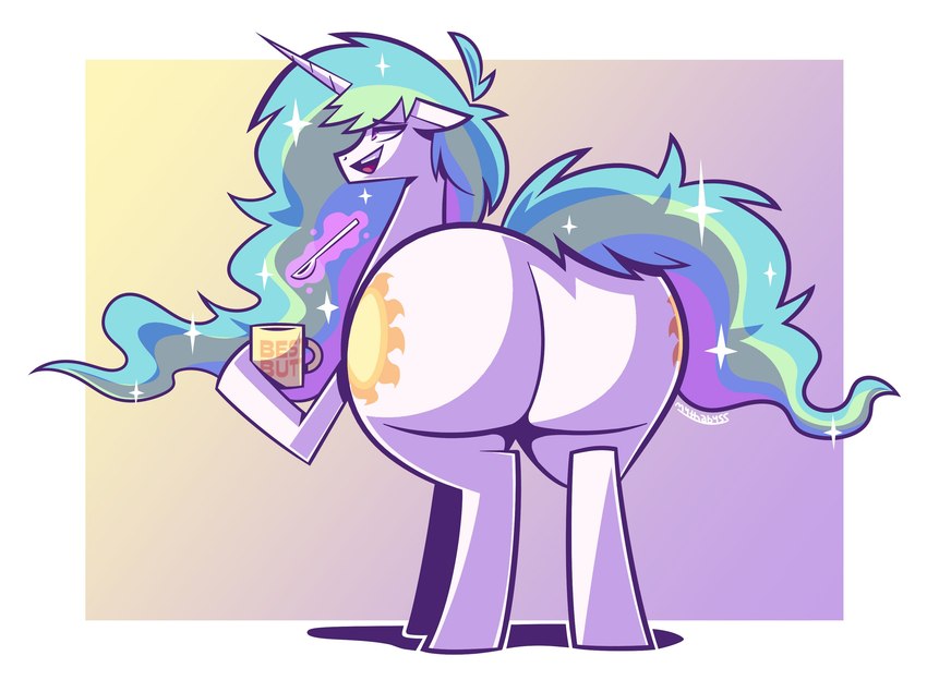 absurd res, anthro, ass, big ass, big butt, cutlery, equid, equine, female, feral, friendship is magic, hair, hasbro, hi res, horn, huge ass, huge butt, kitchen utensils, magic, mammal, multicolored hair, my little pony, mythabyss, mythological creature, mythological equine, mythology, princess celestia (mlp), rear view, solo, spoon, tail, thick thighs, tools, unicorn