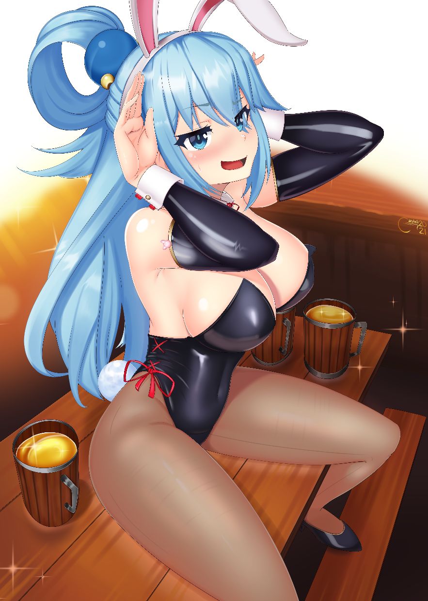 1girls, aqua (konosuba), arms up, big breasts, black shoes, blue eyes, blue hair, blush, breasts, bunny ears, bunny girl, bunny tail, bunnysuit, female, female only, kono subarashii sekai ni shukufuku wo!, long hair, open clothes, pantyhose, sleeves rolled up, solo, spread legs, tongue
