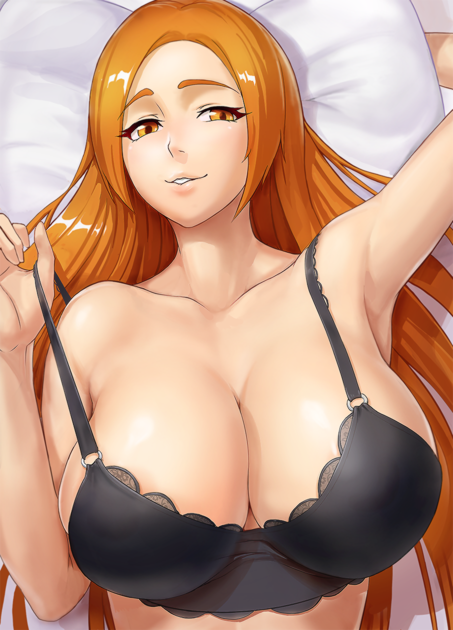 1girls, armpits, bare shoulders, bed, bed sheet, black bra, black underwear, bleach, blush, bra, breasts, breasts out, female, high resolution, huge breasts, inoue orihime, iric, large breasts, lingerie, looking at viewer, lying, lying on back, lying on bed, naughty face, on back, on bed, orange hair, seductive look, seductive smile, smile, solo, strap pull, teasing, underwear, undressing, upper body