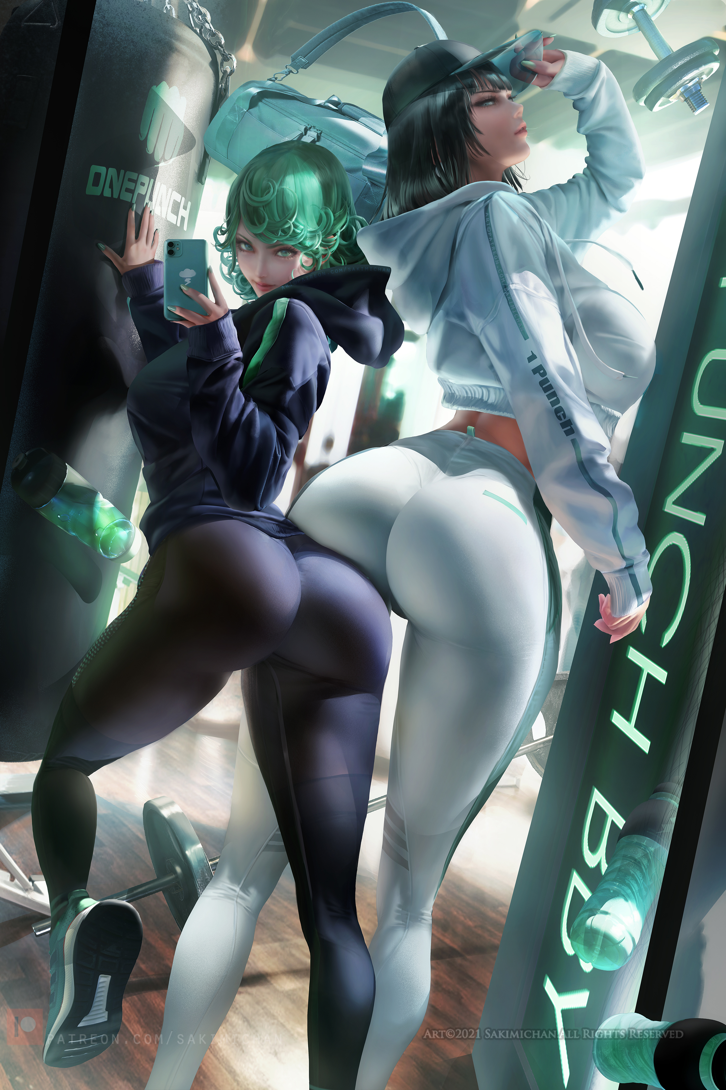 2girls, ass, big ass, big breasts, breasts, clothed, female, female only, fubuki (one-punch man), green hair, highres, hourglass figure, looking at viewer, medium breasts, one-punch man, phone, sakimichan, slim waist, sports bra, standing, tatsumaki, thick thighs, thighs, tight clothing, wide hips, yoga pants