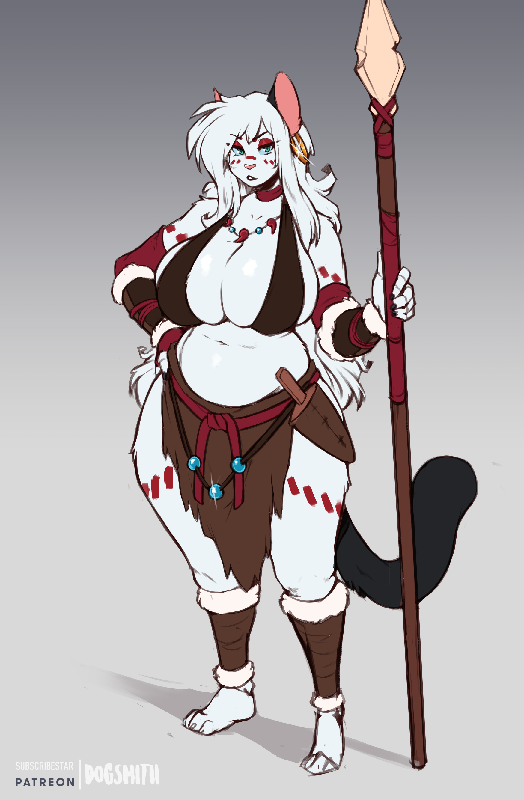 1girls, anthro, big breasts, breasts, cleavage, earrings, faizenek, female, female only, furry, huge breasts, inu-sama, jocasta (dogsmith), larger female, loincloth, necklace, shin guards, simple background, spear, the dogsmith, voluptuous, white fur, white hair