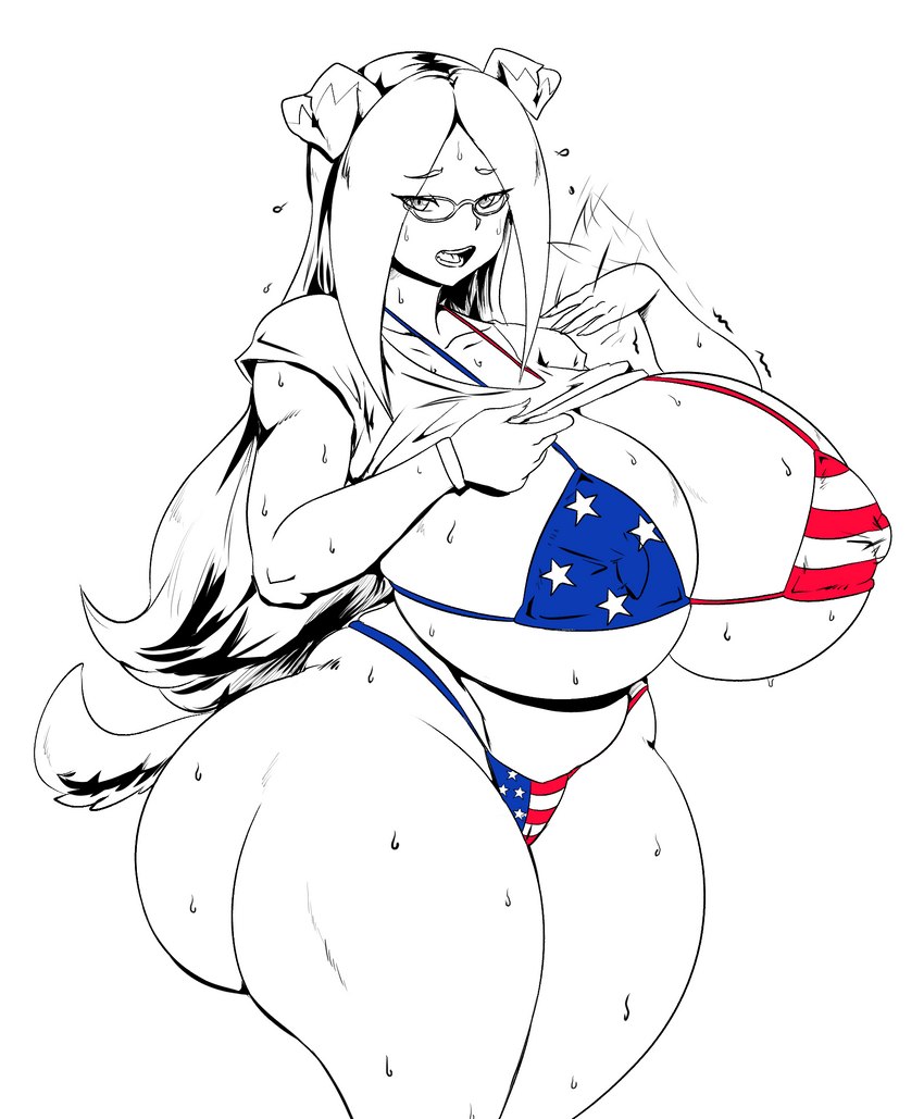 4th of july, american flag, american flag bikini, animal humanoid, big breasts, bikini, breasts, canid, canid humanoid, canine, canine humanoid, clothing, curvaceous, diana (thecon), dog ears, dog girl, dog humanoid, dog tail, female, flag bikini, flag print, heat (temperature), hi res, huge breasts, humanoid, long hair, mammal, mammal humanoid, massive breasts, mature female, nipple outline, sweat, swimwear, thecon, thick thighs