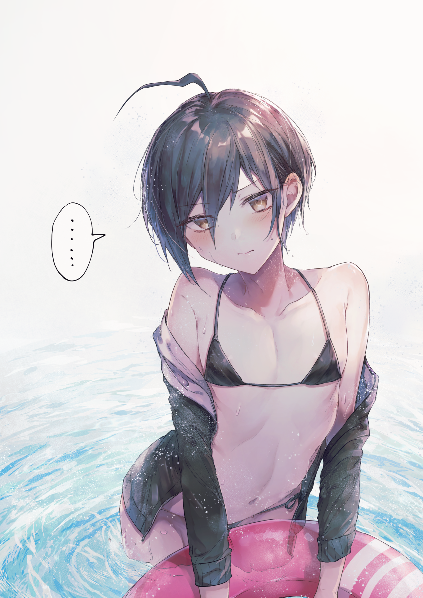 1boy, ahoge, androgynous, arched back, bikini, bikini top, blush, color, colored, crossdressing, danganronpa, danganronpa v3, femboy, girly, high resolution, highres, looking at viewer, male, male focus, male only, navel, partially clothed, saihara shuuichi, shy, smooth skin, solo, swimming pool, tagme, text bubble, water