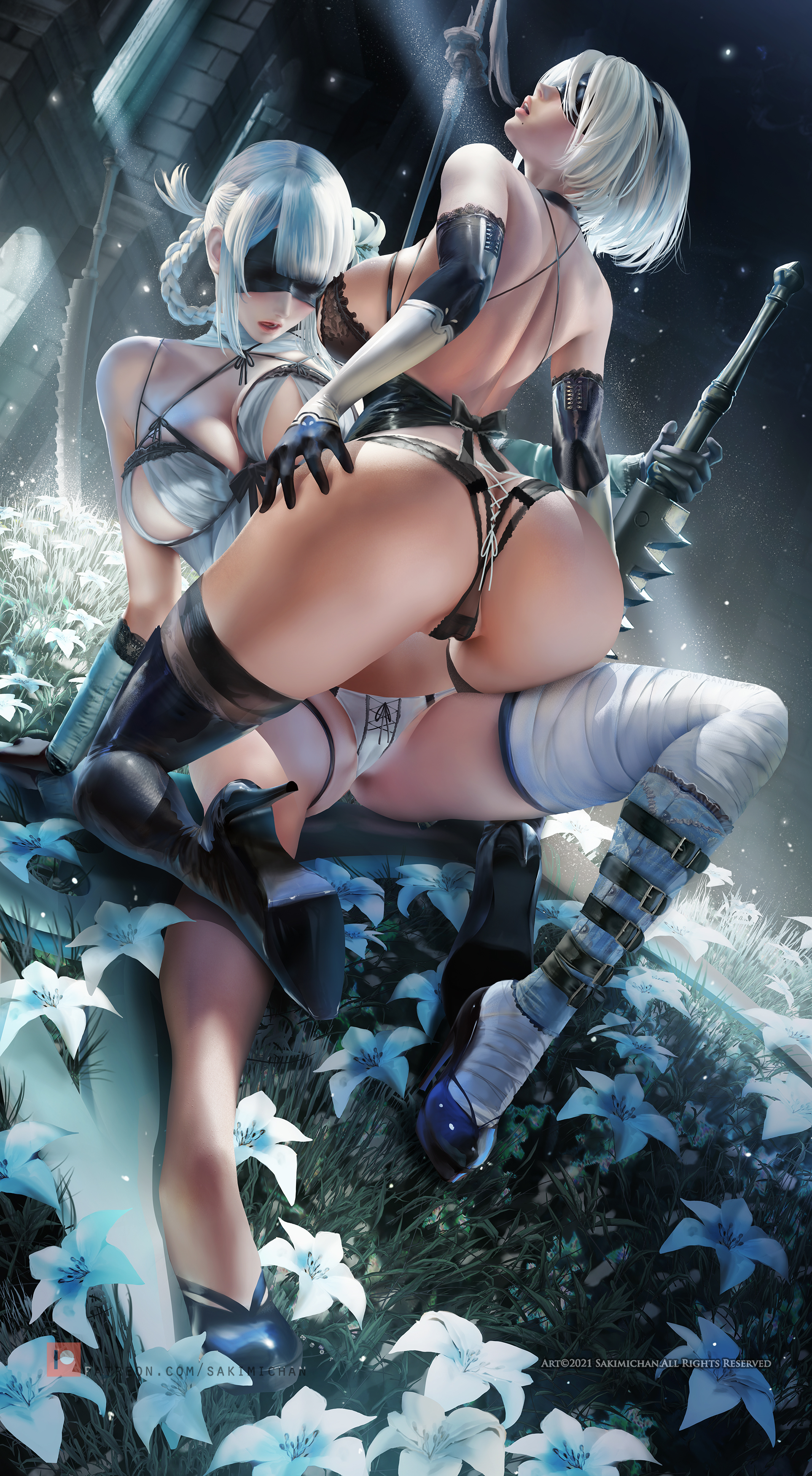 2girls, ass, big ass, female, female only, kaine (nier), multiple females, multiple girls, nier, nier replicant, nier: automata, panties, sakimichan, yorha 2b, yuri