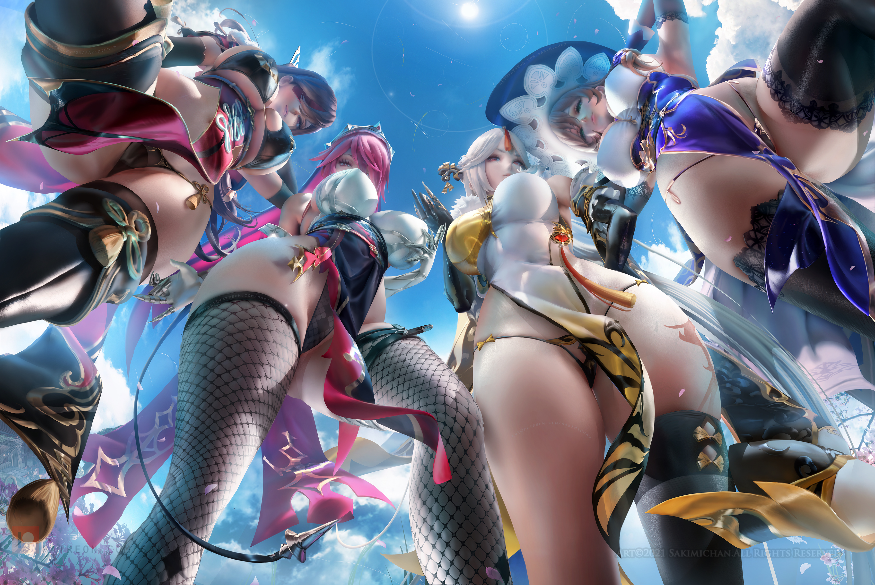 4girls, ara ara, ass, beidou (genshin impact), big ass, big breasts, big butt, breasts, busty, eye patch, female, genshin impact, group, lisa (genshin impact), mature female, milf, multiple females, multiple girls, ningguang (genshin impact), nun, rosaria (genshin impact), sakimichan, thick thighs, thighhighs, thighs, witch, witch hat