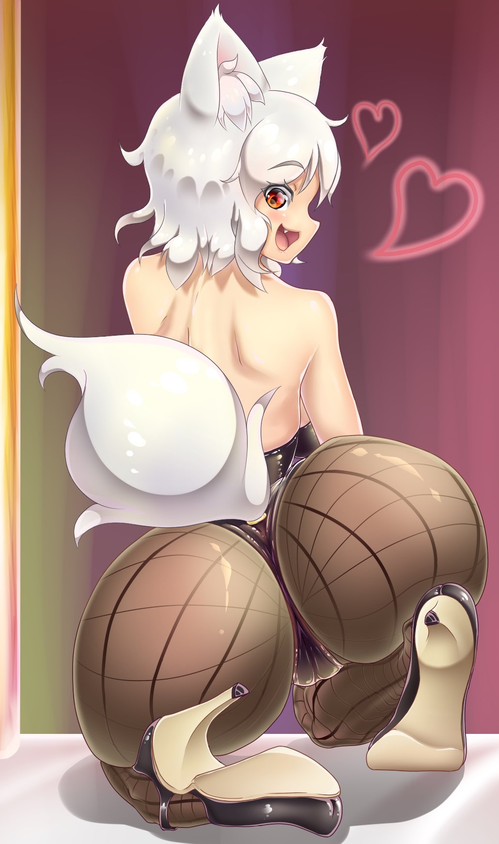 1girls, alternate costume, ass, ass focus, big ass, female, female only, high heels, looking at viewer, looking back, momiji inubashiri, red eyes, silver hair, smile, solo, tagme, tochinoko, touhou, wolf ears, wolf girl, wolf tail
