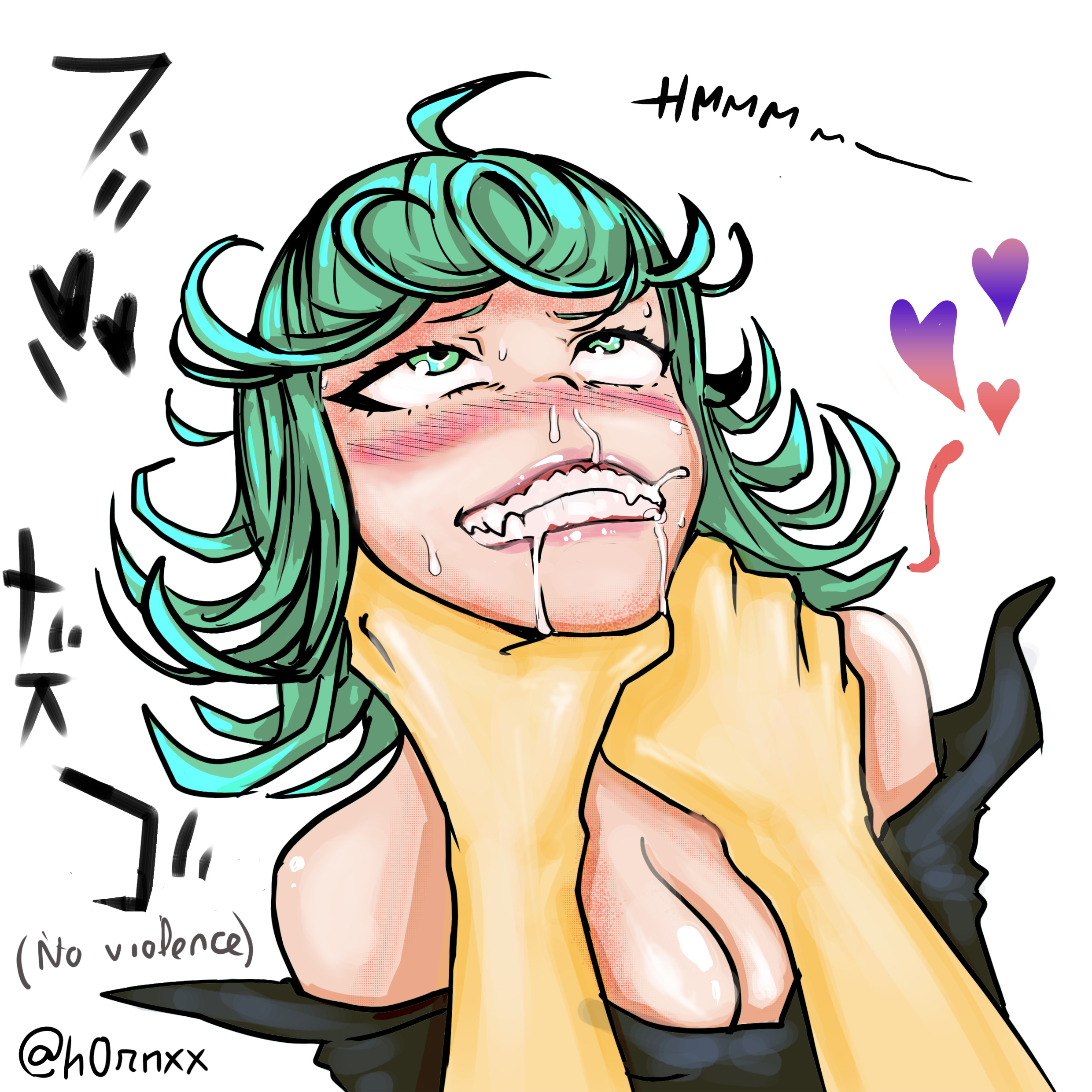 1boy, 1girls, ahe gao, aroused, bare shoulders, black dress, blush, bondage, choking, cleavage, clenched teeth, curly hair, dress down, drool, drooling, english text, eyes rolling back, faceless male, fangs, female, femsub, green eyes, green hair, heart, horny, khov, male, one-punch man, rolling eyes, saliva, saliva trail, shirt down, signature, size difference, submissive, sweat, tatsumaki, text, white background, yellow skin