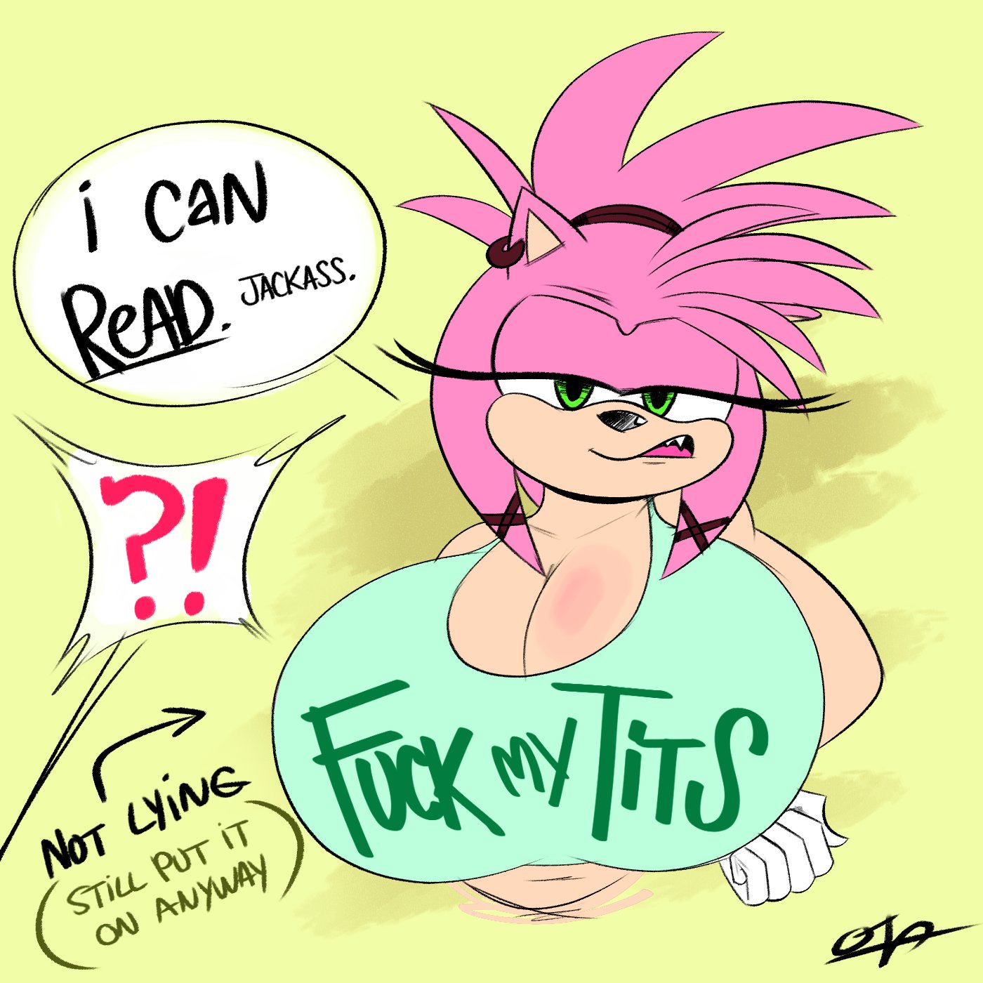 amy rose, anthro, big breasts, breasts, cleavage, clothed, clothing, dialogue, eulipotyphlan, female, green eyes, hair, hedgehog, hi res, huge breasts, looking at viewer, mammal, narrowed eyes, offscreen character, open mouth, ota (artist), pink hair, sega, shirt, solo, sonic (series), sonic prime, text, thorn rose, thorn rose (concept art), topwear