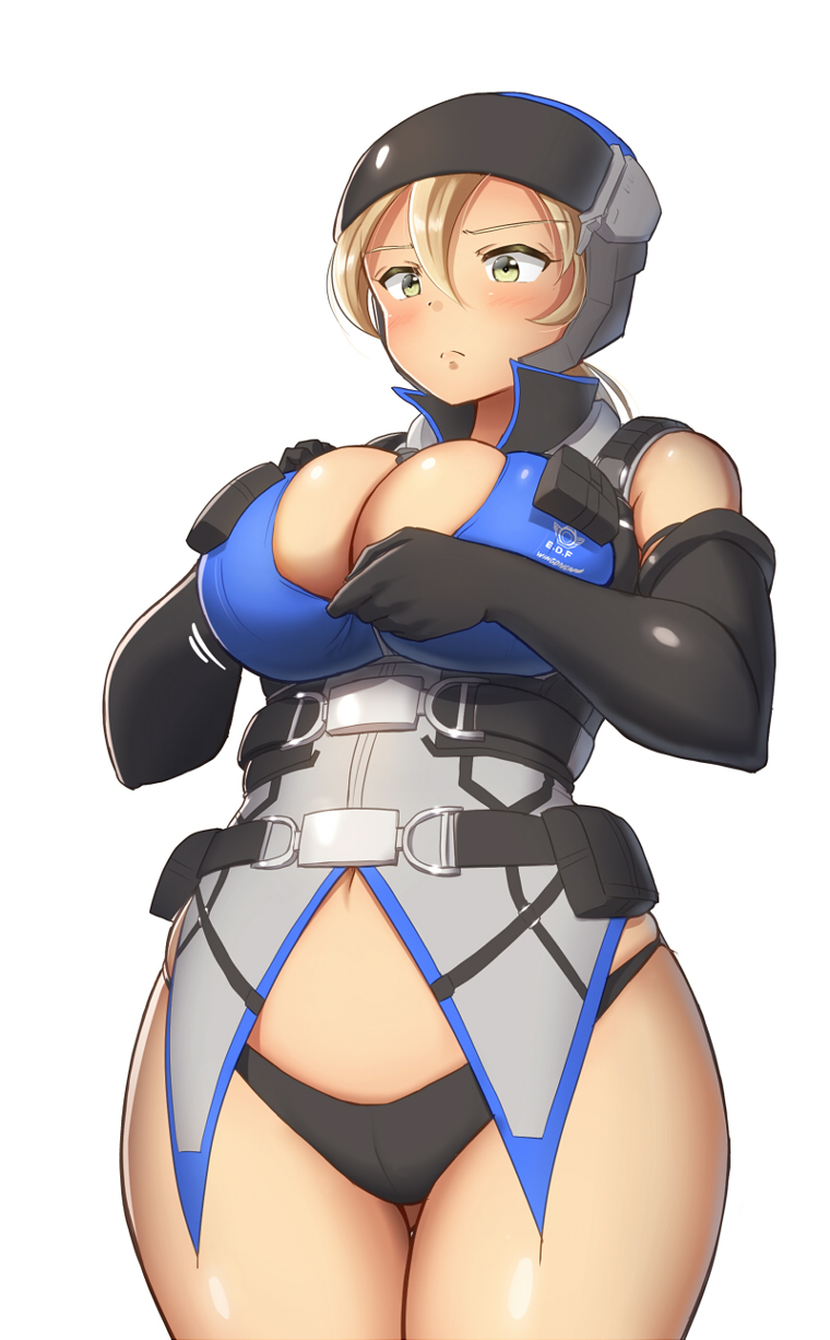 bare_thighs big_breasts breasts earth_defense_force female female_only inconvenient_breasts maku_ro no_pants panties solo thick_thighs wing_diver