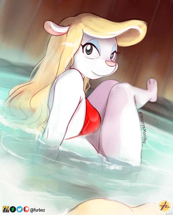 1girls animaniacs anthro arm_support bare_thighs bathing bikini bikini_top blonde_hair bottomless feet female female_focus female_only furboz furry grey_eyes hot_tub in_water legs long_hair looking_at_viewer looking_back medium_breasts minerva_mink mink smile tail thighs viewed_from_behind water wet