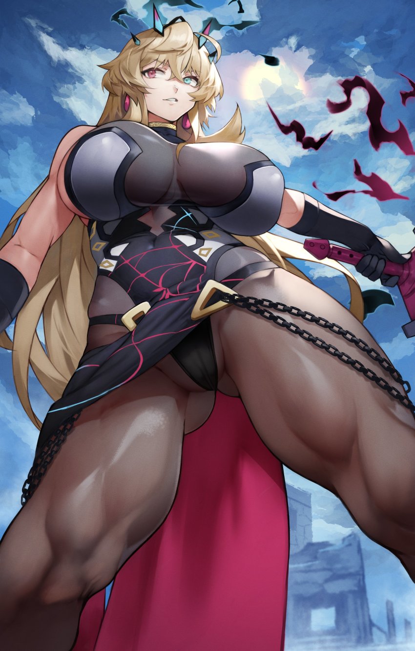 1girls absurdres armor ass_visible_through_thighs bangs bare_shoulders barghest_(gawain)_(fate) black_dress blonde_hair blue_eyes blue_sky breasts brown_legwear chains covered_navel dress earrings fate/grand_order fate_(series) female gauntlets heterochromia highres horns jewelry large_breasts long_hair looking_at_viewer muscular_female muscular_thighs pantyhose partially_visible_vulva pauldrons pelvic_curtain red_eyes shoulder_armor sideboob sky solo tights yoshi55level yoshio_(55level)