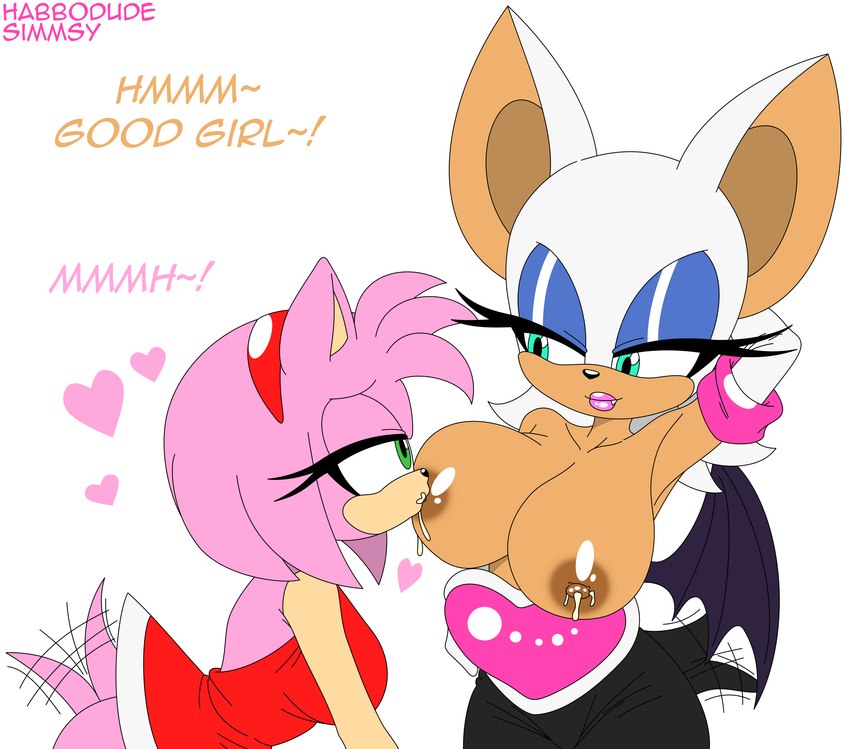 2girls, absurd res, amy rose, anthro, bat, bedroom eyes, bent over, big breasts, blue eyes, bodily fluids, breast sucking, breastfeeding, breasts, breasts out, chiropteran, clothing, dialogue, dress, duo, eulipotyphlan, eyeshadow, female, fur, green eyes, habbodude, heart, hedgehog, hi res, lactating, lactation, lips, lipstick, looking at another, makeup, mammal, narrowed eyes, pink body, pink fur, rouge the bat, seductive, sega, simmsy, sonic (series), sonic the hedgehog (series), tail, tailwag, tan body, tan skin, white body, white fur, wide hips, yuri