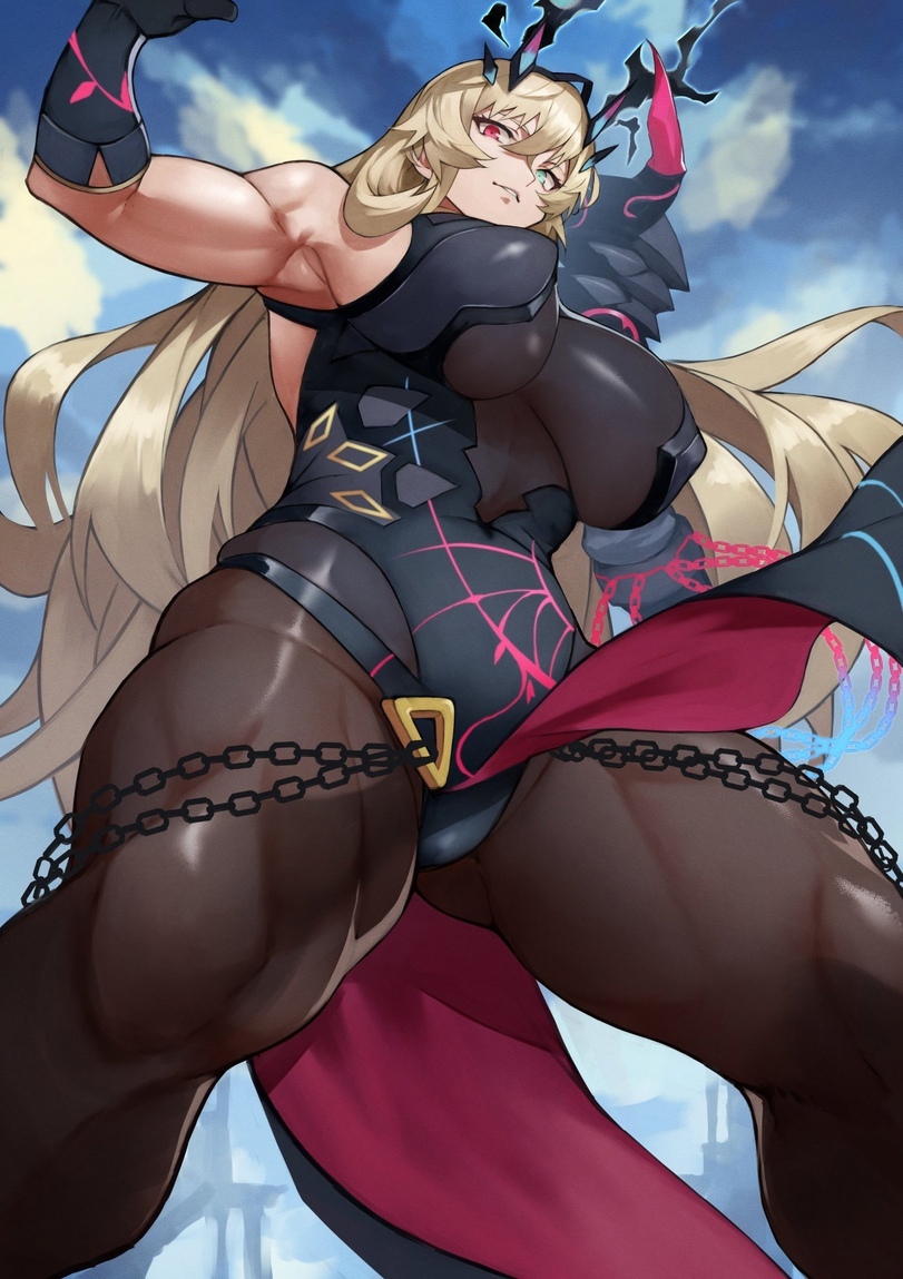 1girls, absurdres, armor, bangs, bare shoulders, barghest (gawain) (fate), big breasts, black dress, blonde hair, blue eyes, blue sky, bodysuit, breasts, brown legwear, chains, covered navel, dress, earrings, fate (series), fate/grand order, female, gauntlets, heterochromia, highres, horns, jewelry, large breasts, long hair, looking at viewer, pantyhose, pauldrons, pelvic curtain, red eyes, shoulder armor, sideboob, sky, solo, thick thighs, tights, yoshi55level