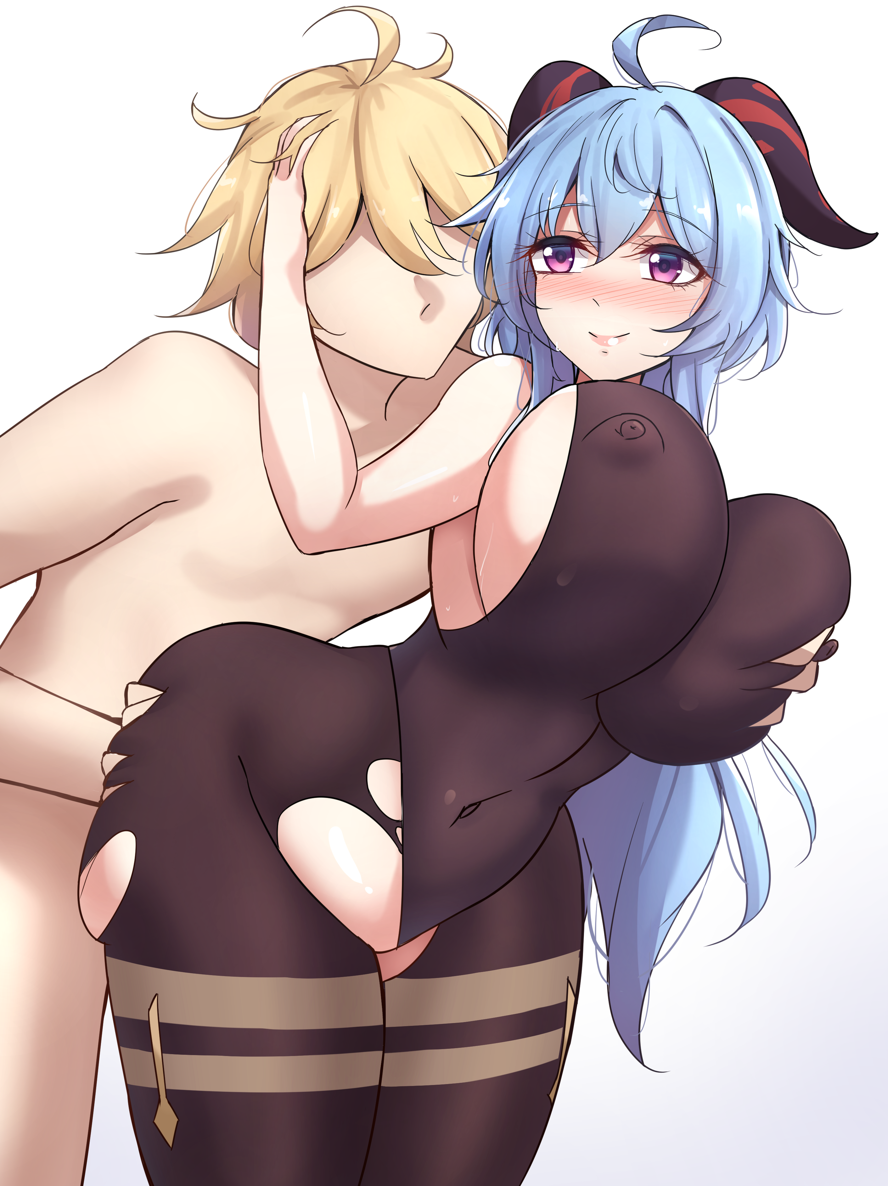 aether (genshin impact), breast grab, breasts, female, ganyu (genshin impact), genshin impact, grabbing, large breasts, mistynight, nipples, nipples visible through clothing, sex, torn clothes, torn pantyhose