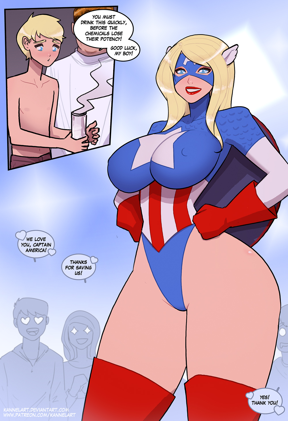 bare_thighs before_and_after big_breasts blonde_hair blue_eyes breasts captain_america captain_america_(series) comic dialogue dialogue_box erect_nipples_under_clothes female gender_transformation genderswap_(mtf) huge_breasts kannelart leotard male marvel mtf_transformation nipple_bulge revealing_clothes rule_63 solo steve_rogers superheroine thick thick_thighs tight_clothing transformation