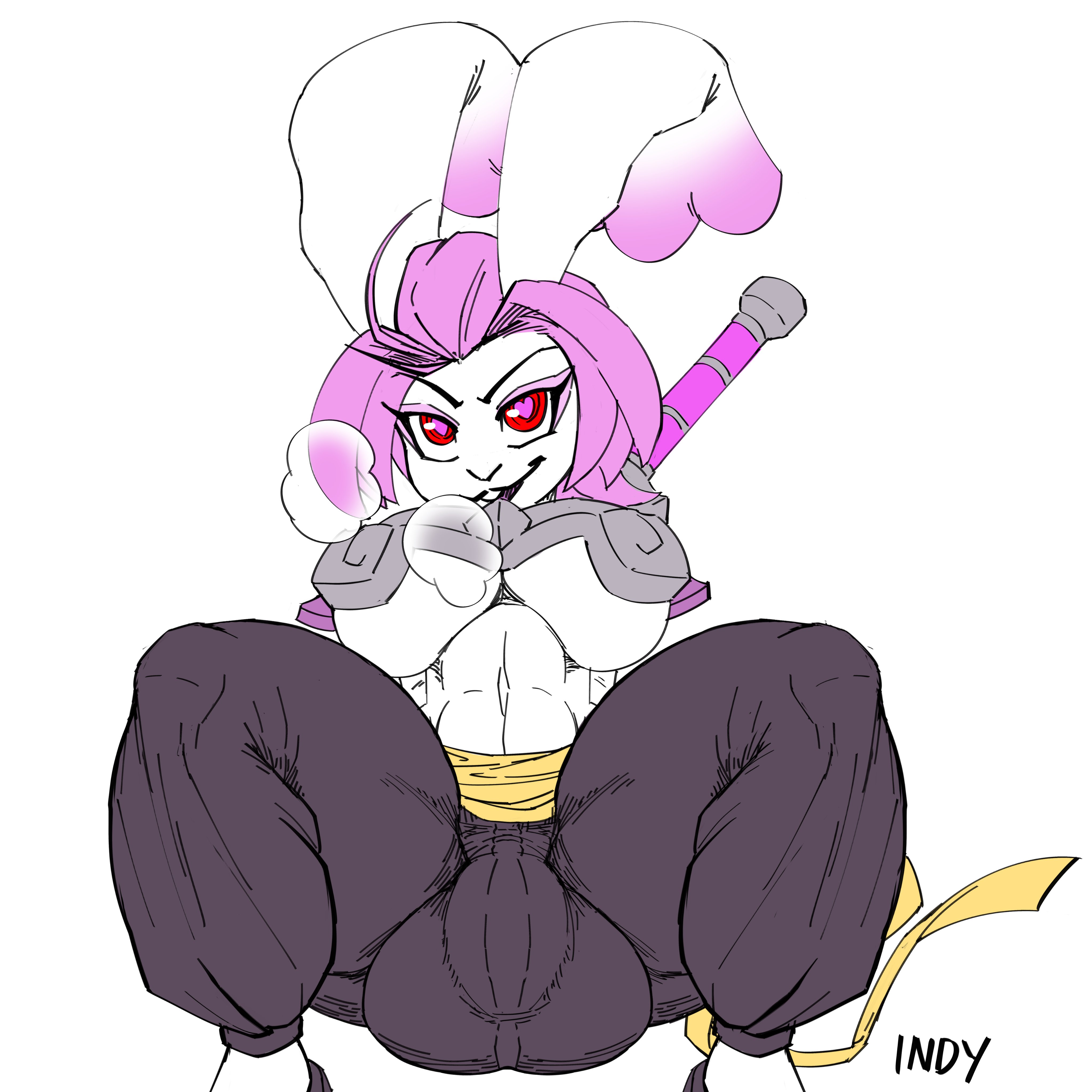 <3 eyes, 1futa, 2021, abs, absurd res, anthro, armor, athletic, athletic anthro, athletic futa, athletic intersex, balls, balls outline, big breasts, bottomwear, breastplate, breasts, breath, buckteeth, bulge, clothed, clothing, crouching, dipstick ears, eyelashes, eyeshadow, footwear, front view, full-length portrait, fur, furry, futa only, futanari, genital outline, gunfire reborn, hair, heart, hi res, indynd, intersex, lagomorph, leaning, leaning back, leporid, long ears, looking up, makeup, mammal, melee weapon, midriff, multicolored ears, muscular, muscular futa, muscular intersex, navel, pants, penis, penis outline, pink hair, portrait, presenting, rabbit, red eyes, shoes, skimpy, smile, solo, spread legs, spreading, sword, tao (gunfire reborn), teeth, thick thighs, tight clothing, toned, toned futa, toned intersex, under boob, video games, weapon, white body, white fur
