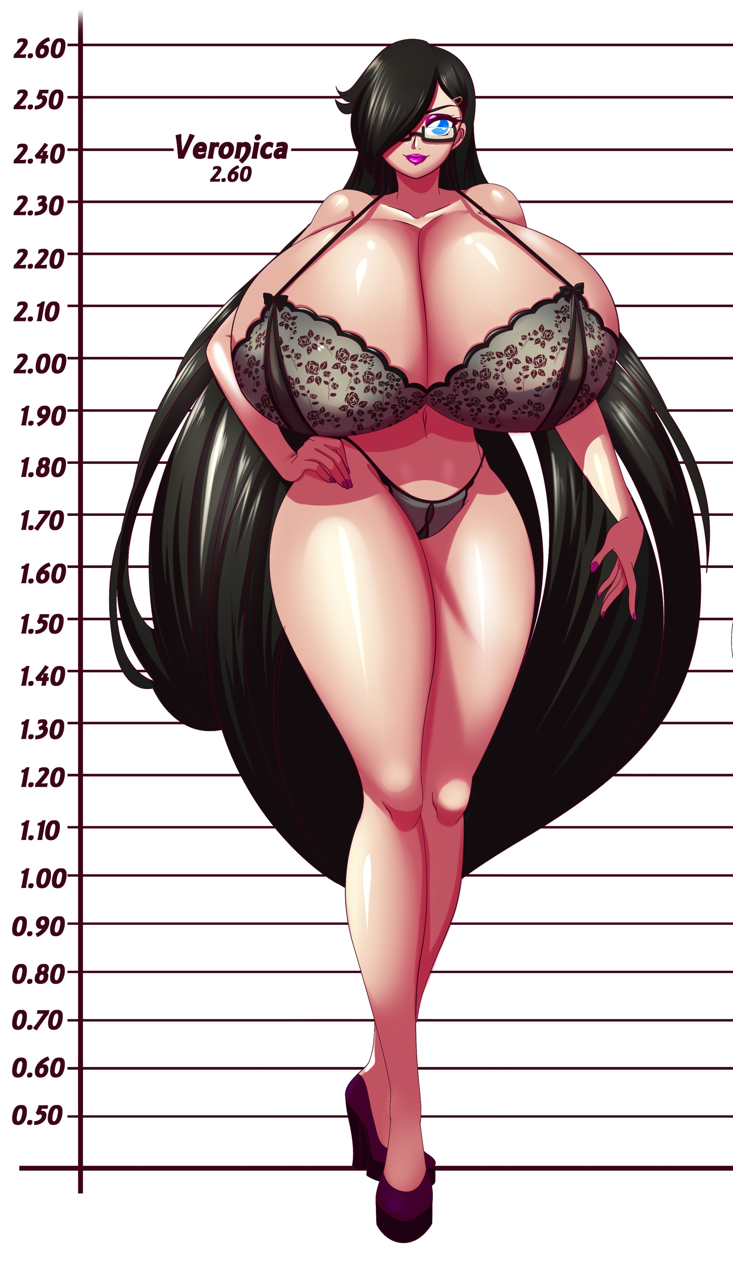 1girls, blue eyes, bra, breasts, brown hair, chart, cleavage, eyeshadow, female, female only, giantess, glasses, height chart, height comparison, high heels, highres, huge breasts, large breasts, large female, lingerie, lipstick, looking at viewer, makeup, mini giantess, nail polish, original, original character, panties, schnauzercito, shinta-girl, size chart, size comparison, smirk, solo, thick thighs, thin waist, veronica de liz, voluptuous