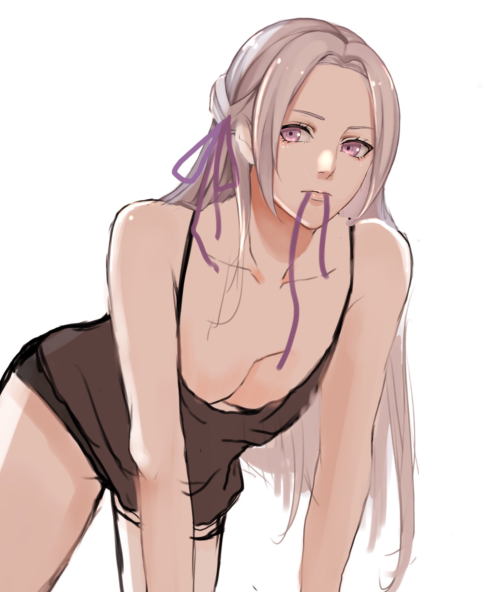 1girls, all fours, bare arms, bare shoulders, breasts, cleavage, collarbone, edelgard von hresvelg, female, fire emblem, fire emblem: three houses, highres, long hair, looking at viewer, medium breasts, nintendo, purple eyes, simple background, sleeveless, solo, solo female, watayumi leo, white background, white hair