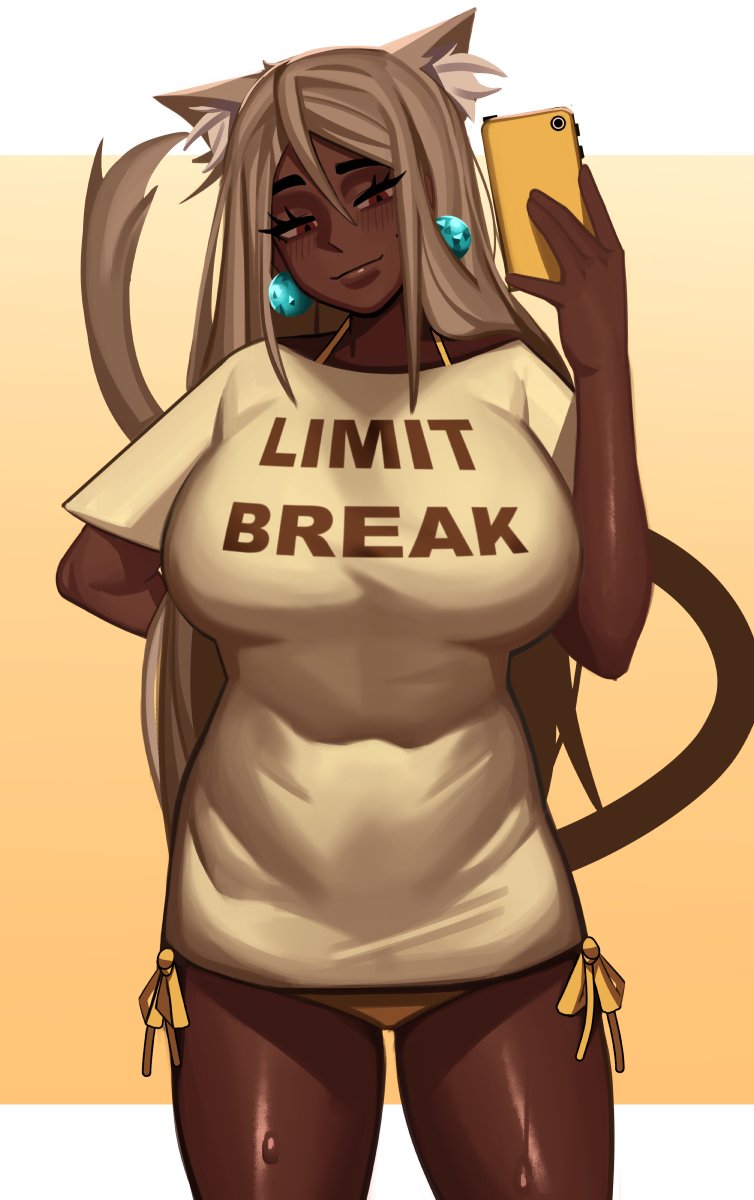 1girls big_breasts bikini_bottom bikini_under_clothes blush breasts brown-haired_catgirl_(kevbot) brown_eyes cat_ears cat_tail catgirl cellphone dark-skinned_female dark_skin female female_focus female_only huge_breasts kevbot large_breasts shiny_legs shiny_skin shiny_thighs shirt_tighten_meme simple_background smartphone solo t-shirt/pajamas_challenge text_on_clothing